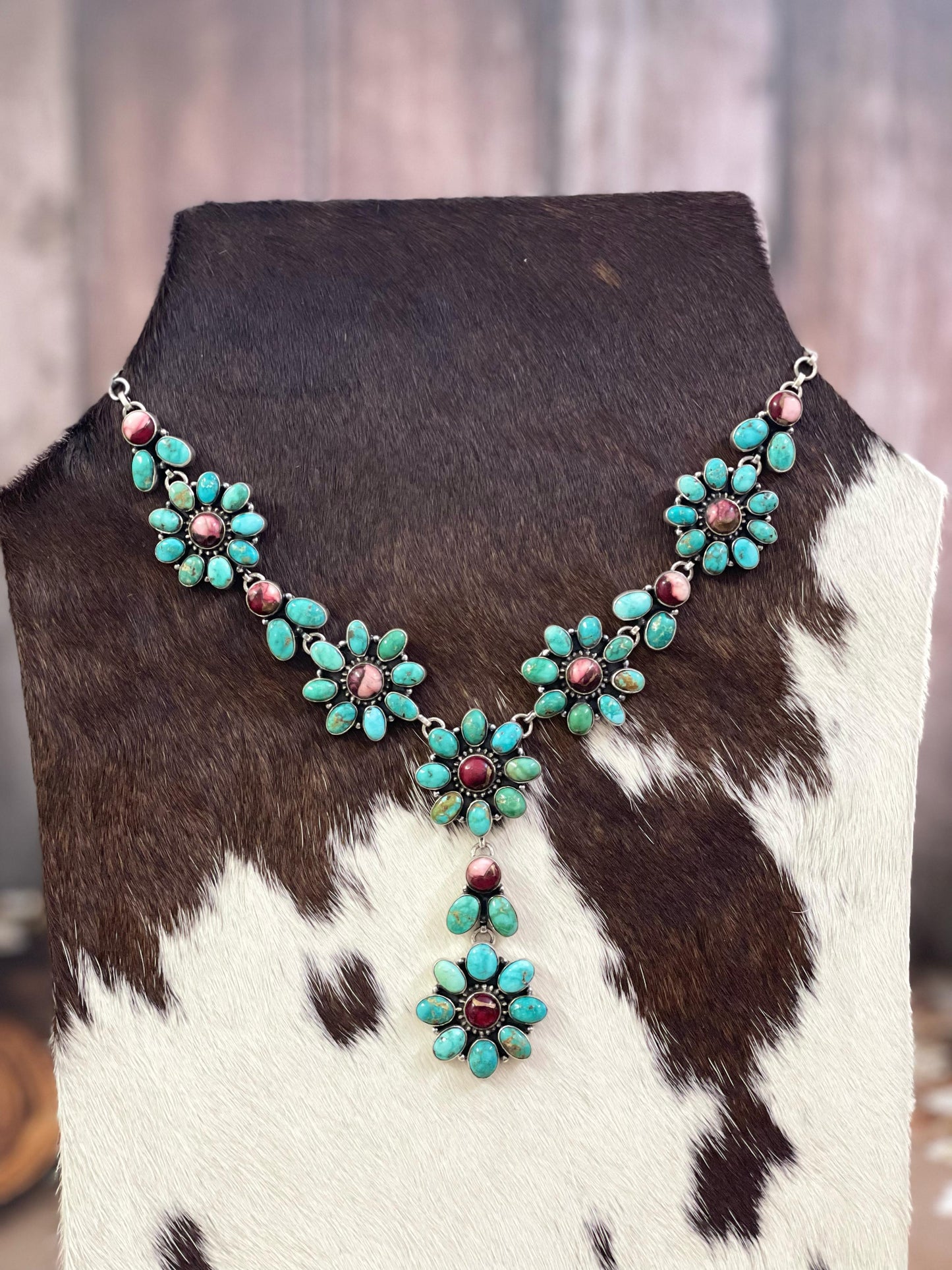 Handmade Sterling Silver Red Rose Dahlia with Emerald Valley Turquoise Necklace, Signed Nizhoni