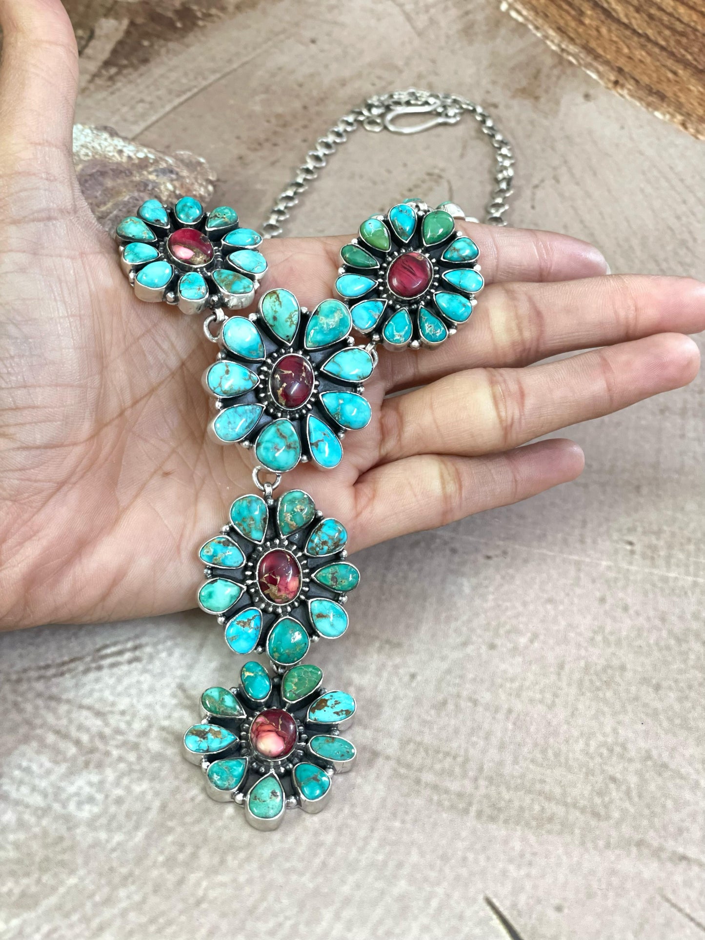 Handmade Sterling Silver Red Rose Dahlia with Emerald Valley Turquoise Necklace, Signed Nizhoni