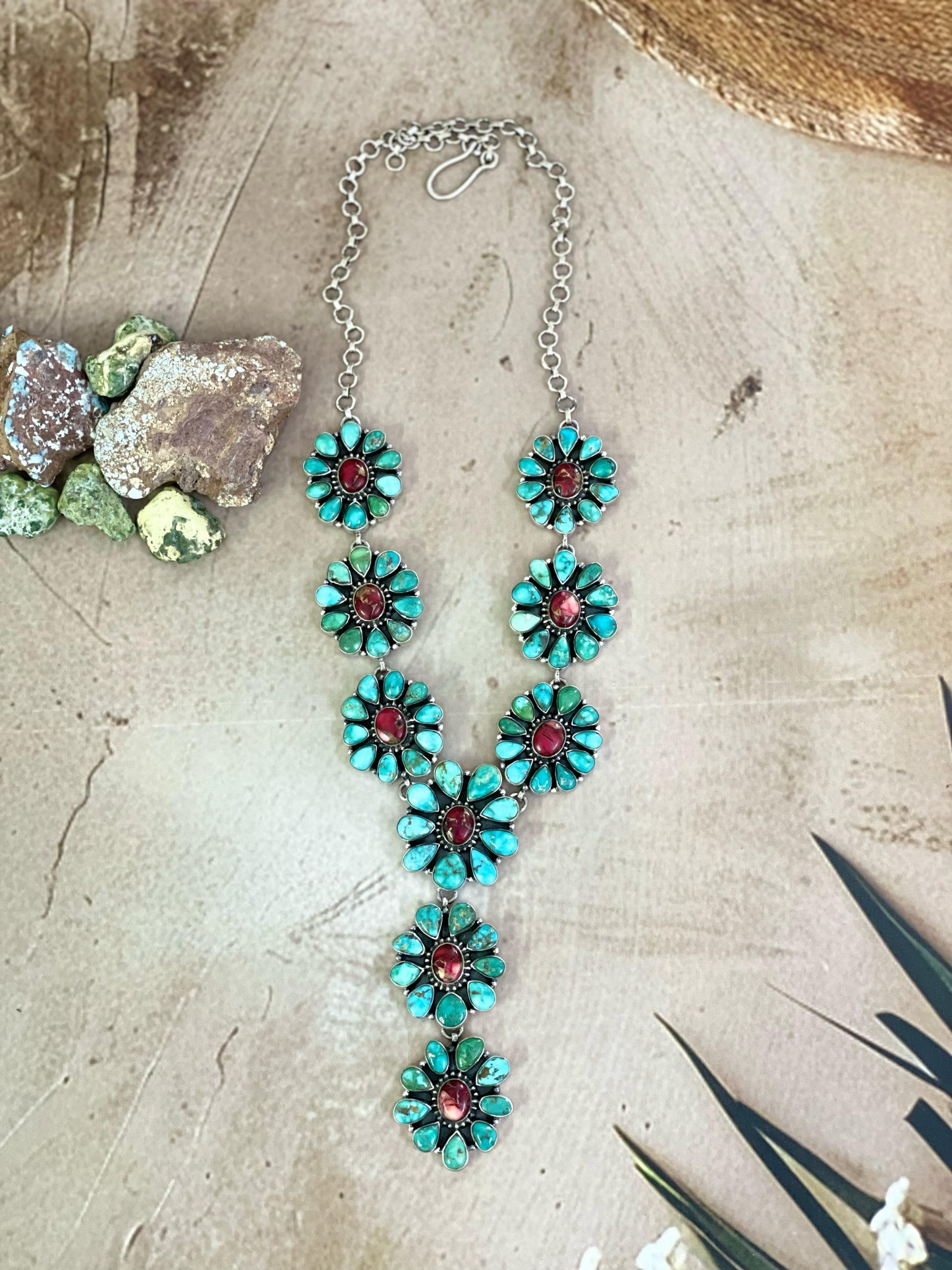 Handmade Sterling Silver Red Rose Dahlia with Emerald Valley Turquoise Necklace, Signed Nizhoni