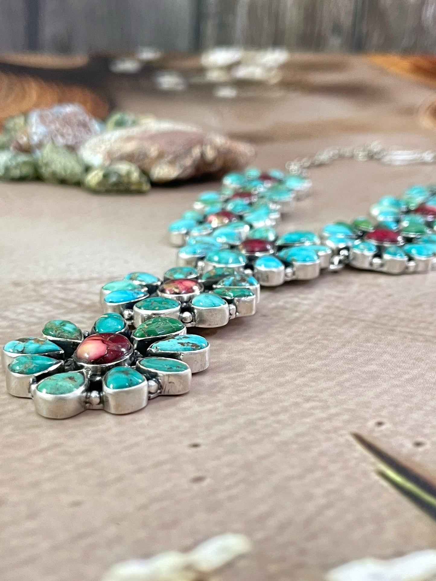 Handmade Sterling Silver Red Rose Dahlia with Emerald Valley Turquoise Necklace, Signed Nizhoni