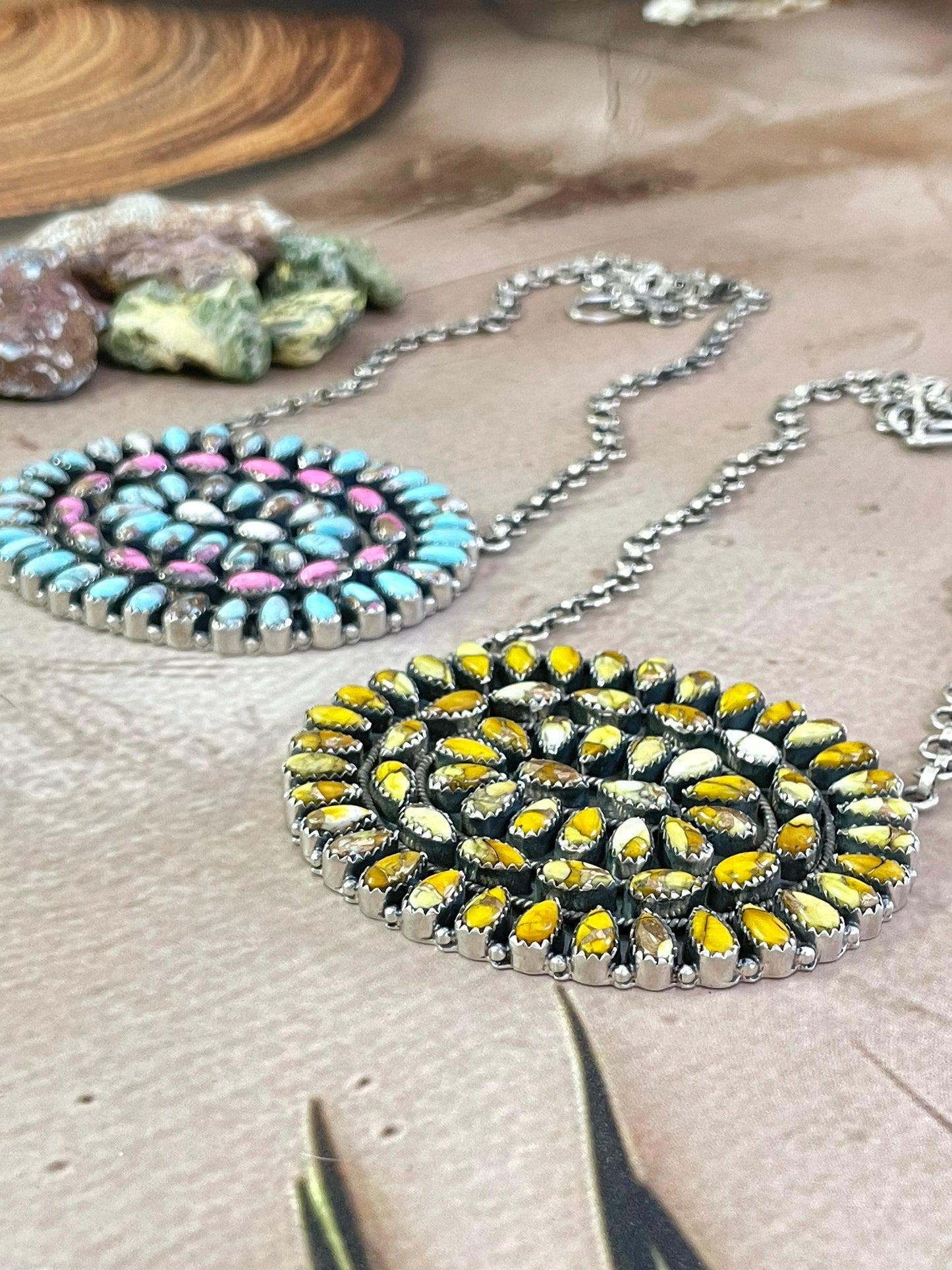 Handmade Sterling Silver Cotton Candy, Honey Dahlia Necklace with Signed Nizhoni