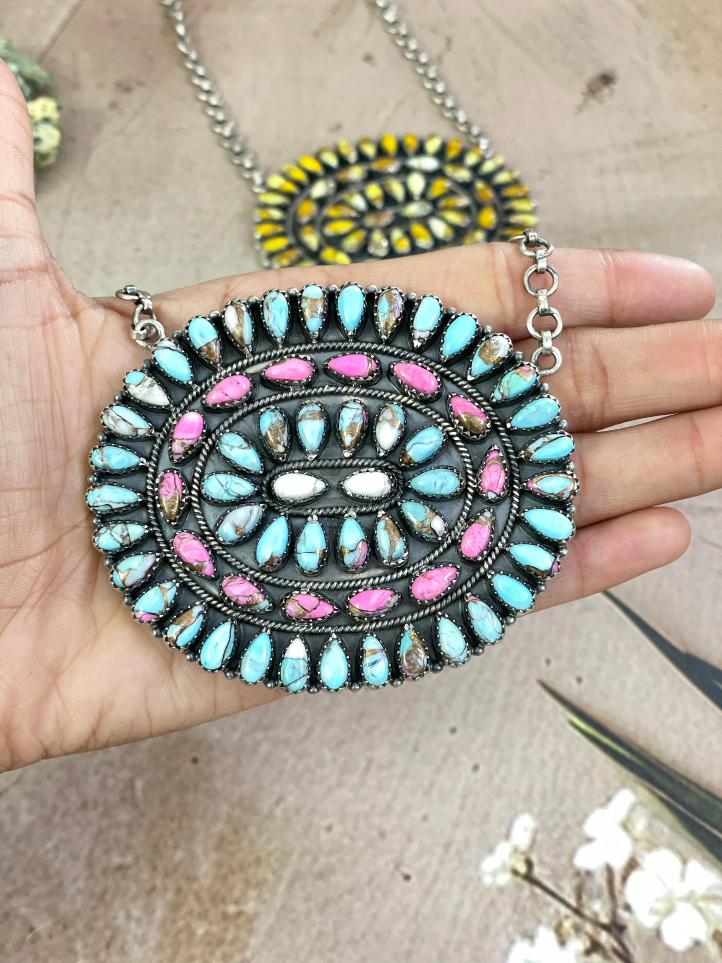 Handmade Sterling Silver Cotton Candy, Honey Dahlia Necklace with Signed Nizhoni