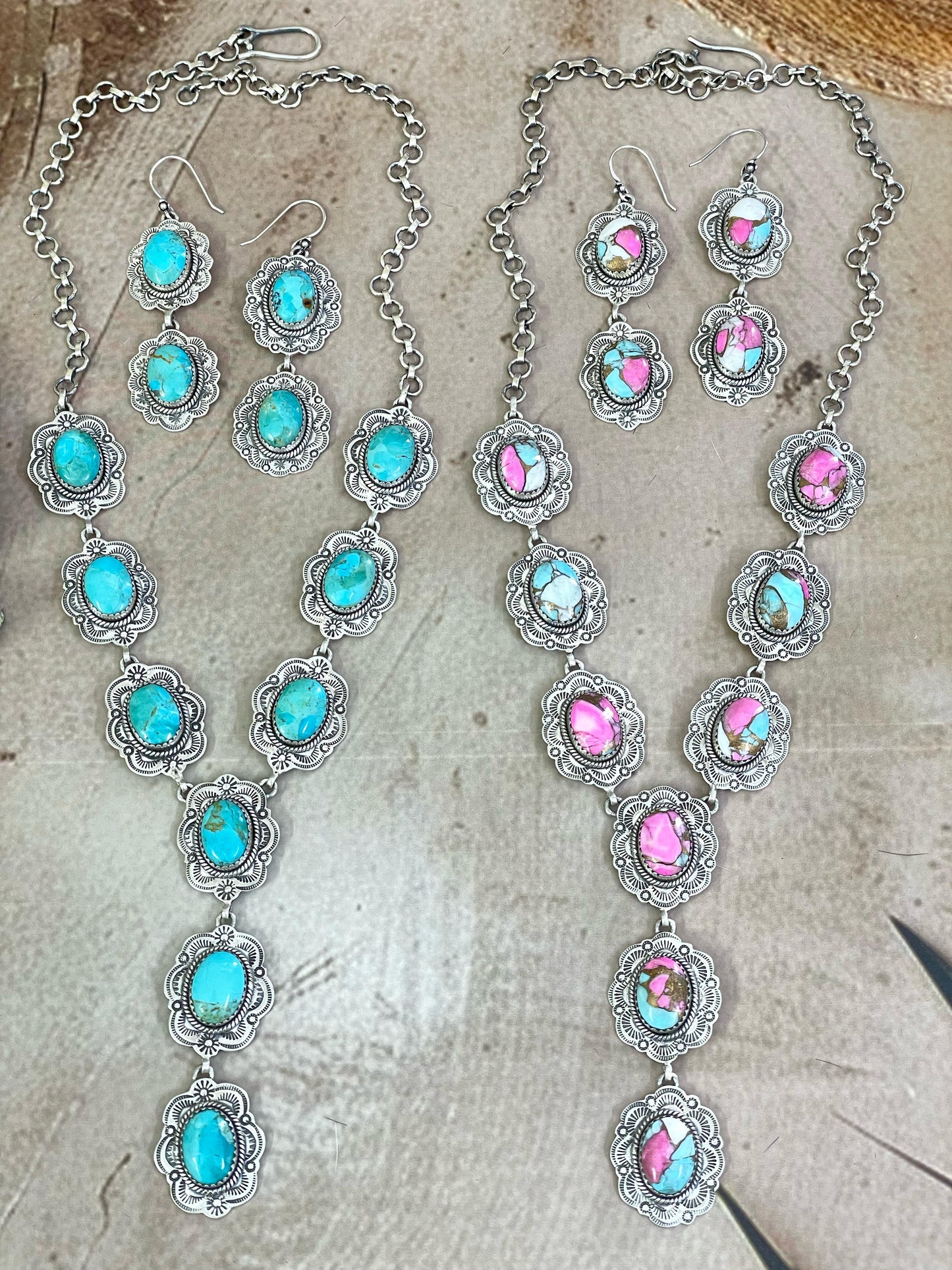 Handmade Sterling Silver Cotton Candy, Kingman Turquoise Necklace Dangle Earrings Set with Signed Nizhoni