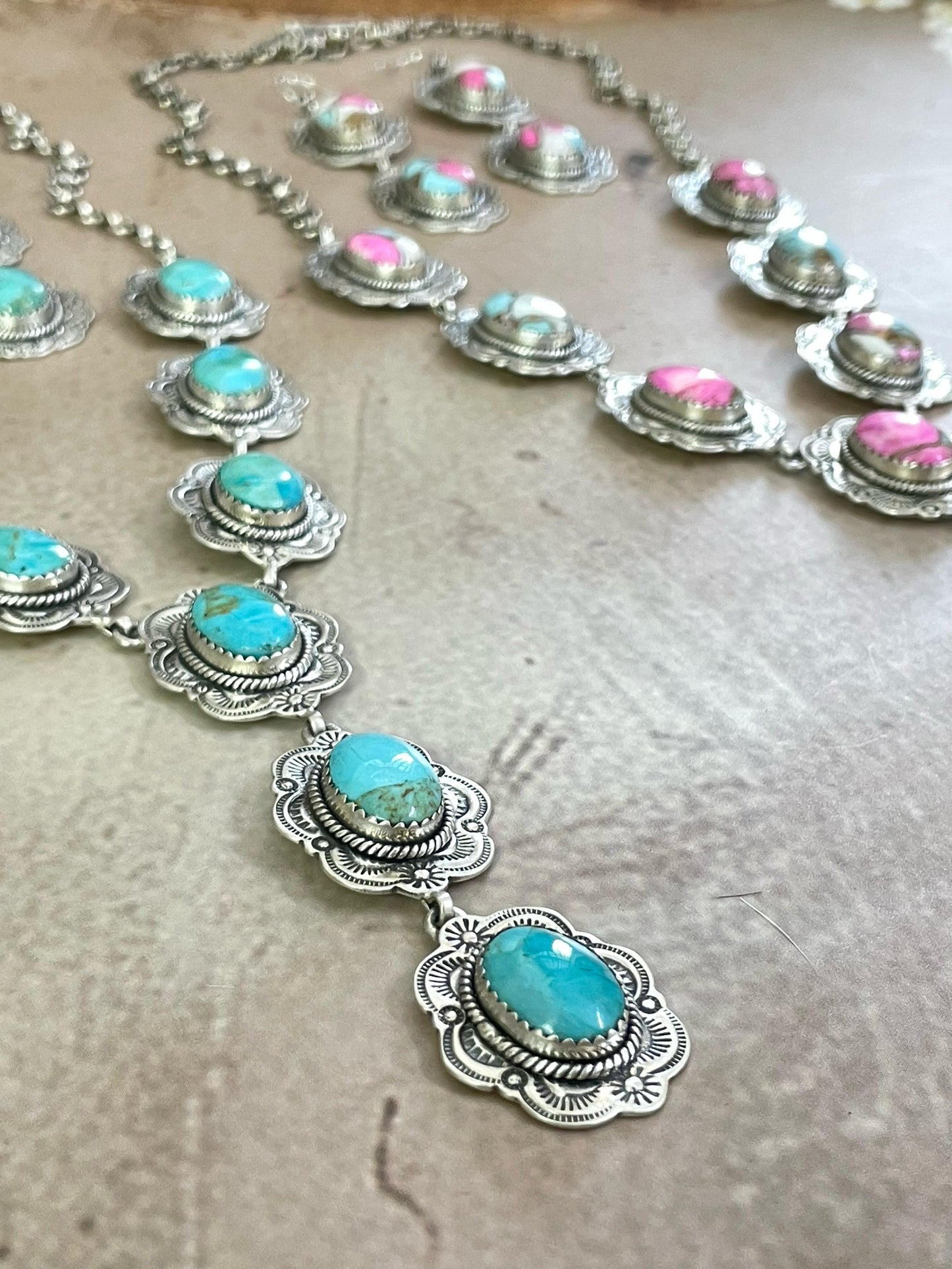 Handmade Sterling Silver Cotton Candy, Kingman Turquoise Necklace Dangle Earrings Set with Signed Nizhoni