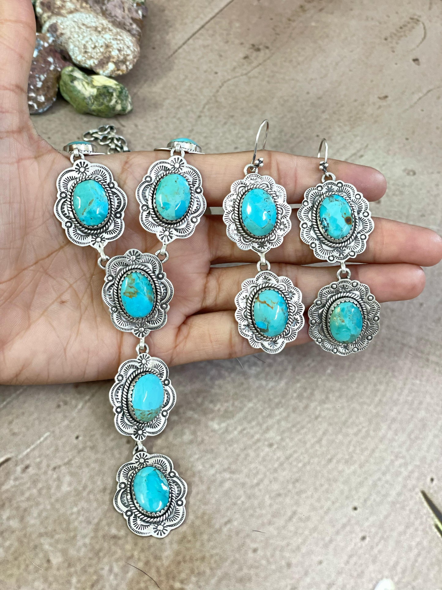Handmade Sterling Silver Cotton Candy, Kingman Turquoise Necklace Dangle Earrings Set with Signed Nizhoni