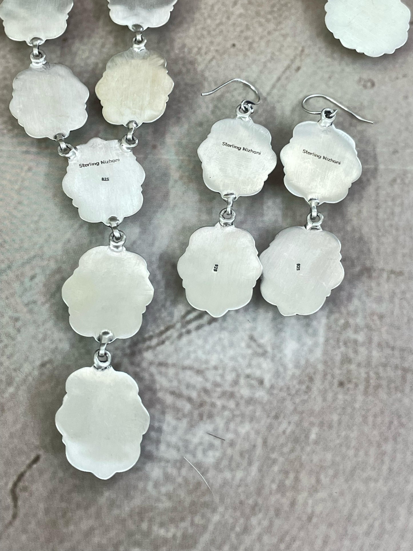 Handmade Sterling Silver Cotton Candy, Kingman Turquoise Necklace Dangle Earrings Set with Signed Nizhoni