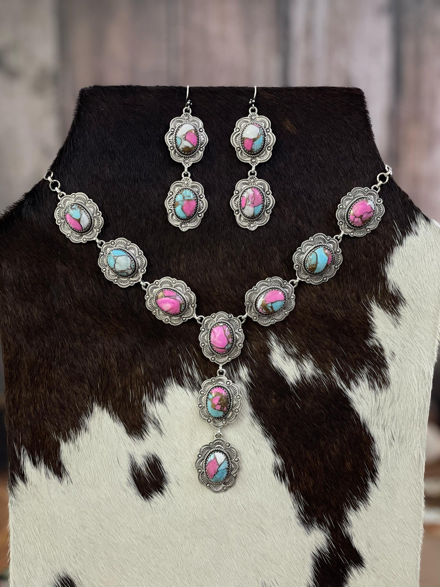 Handmade Sterling Silver Cotton Candy, Kingman Turquoise Necklace Dangle Earrings Set with Signed Nizhoni