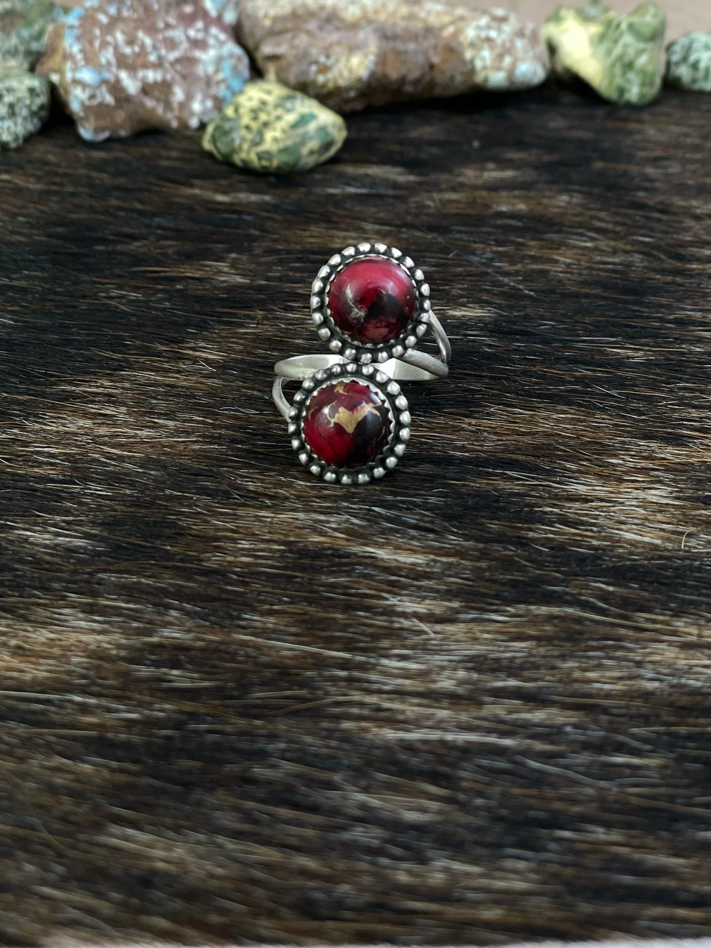Handmade Sterling Silver Red Rose Dahlia Adjustable Ring, Signed Nizhoni