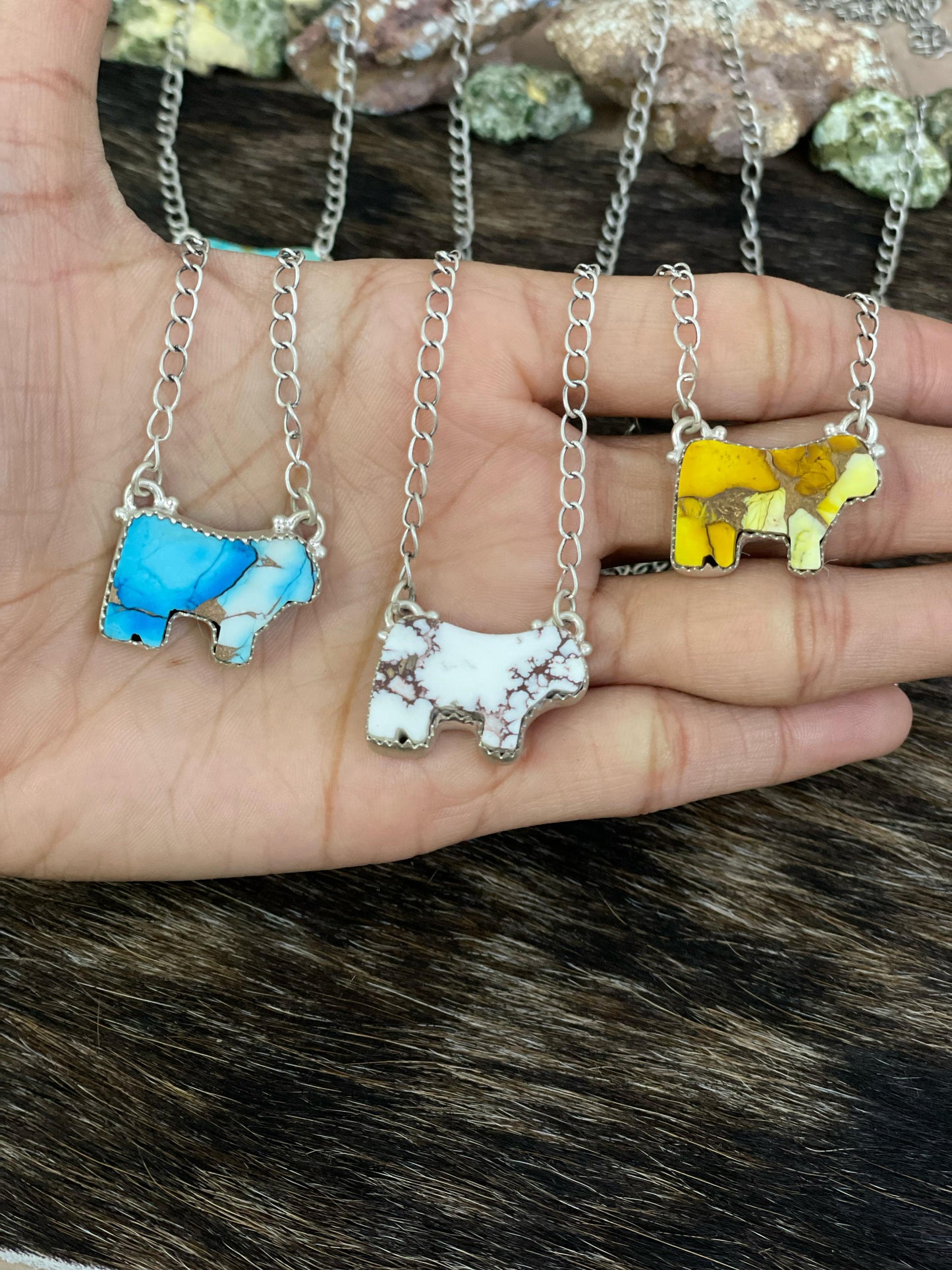 Handmade Sterling Silver Multi Gemstone Bull Necklace with Signed Nizhoni
