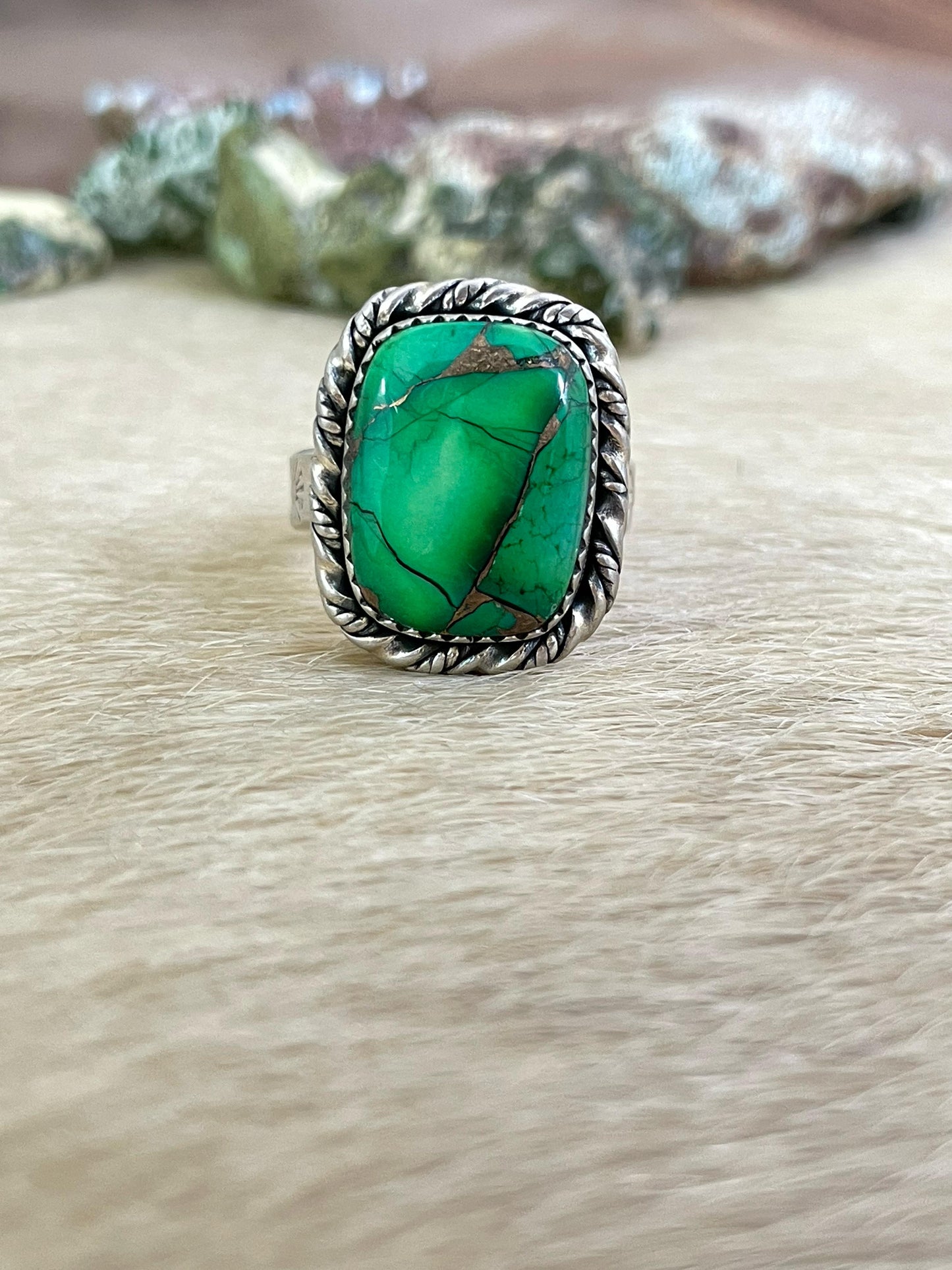 Handmade Sterling Silver Kelly Green Dahlia Adjustable Ring with Signed Nizhoni