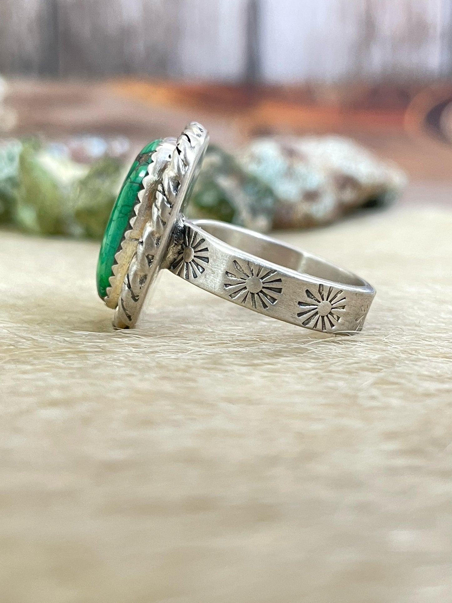 Handmade Sterling Silver Kelly Green Dahlia Adjustable Ring with Signed Nizhoni