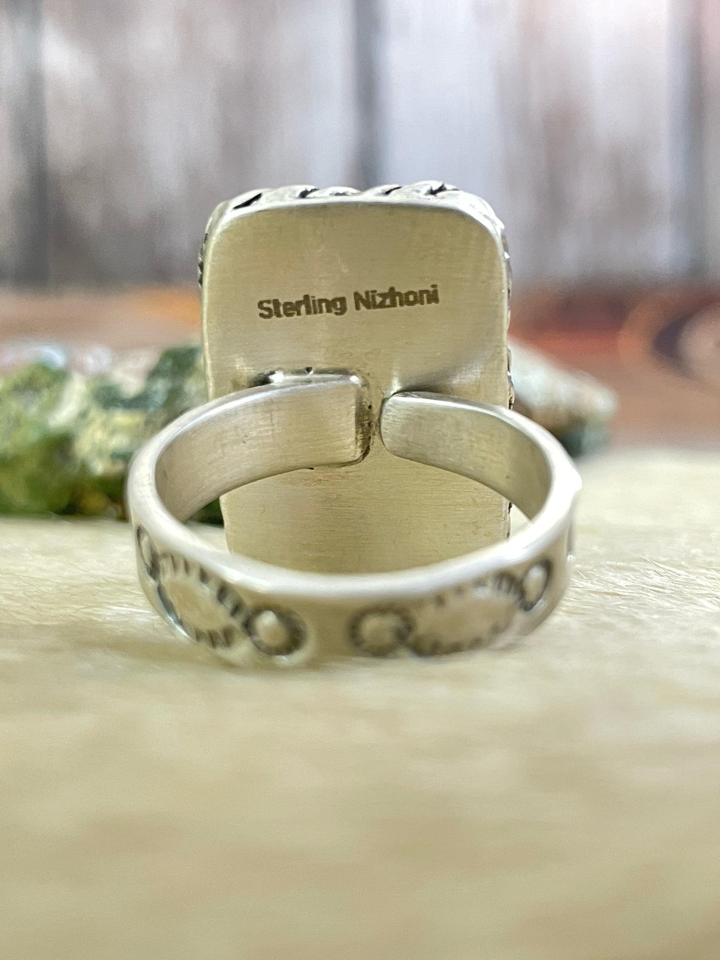 Handmade Sterling Silver Kelly Green Dahlia Adjustable Ring with Signed Nizhoni