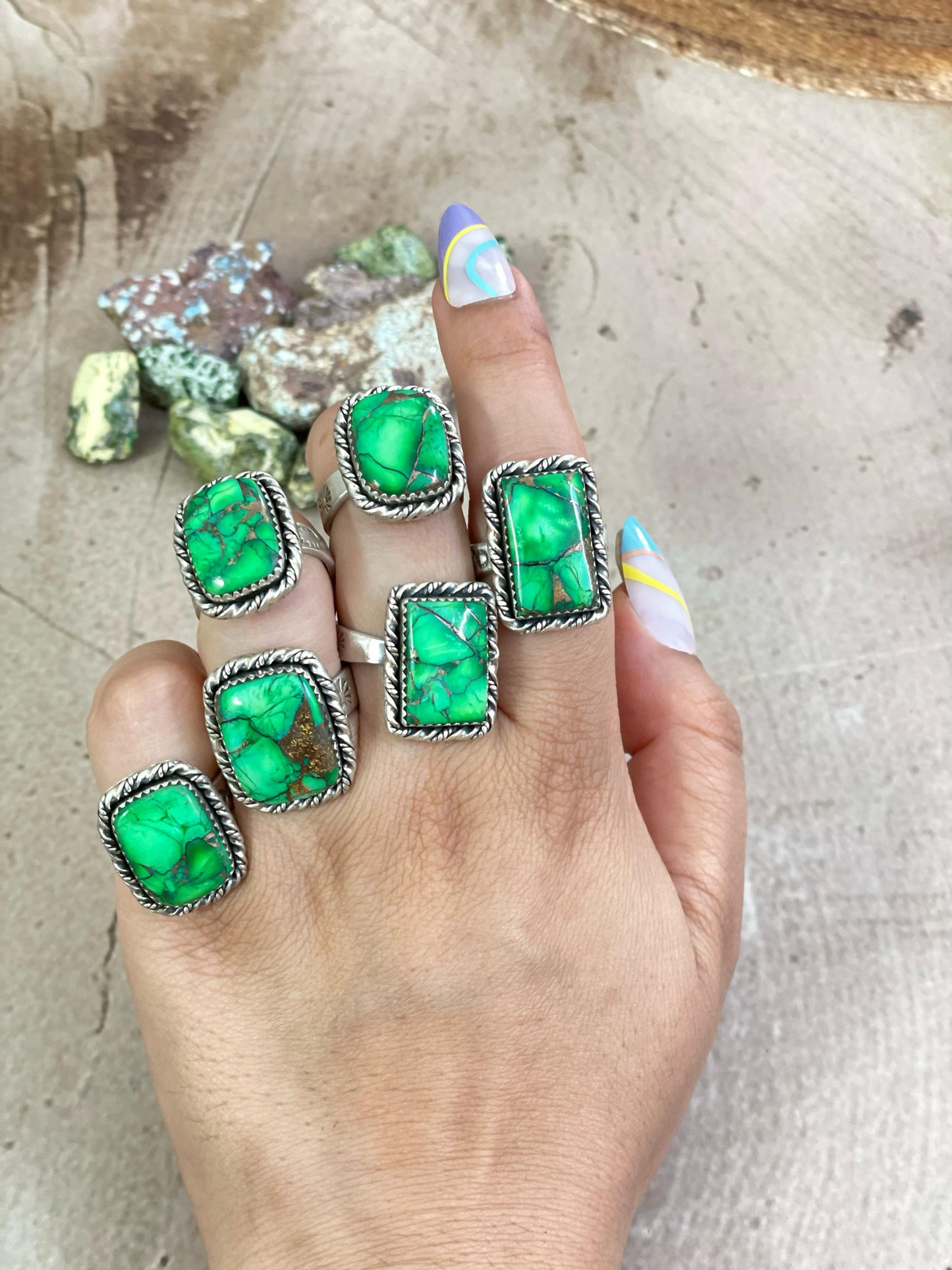 Handmade Sterling Silver Kelly Green Dahlia Adjustable Ring with Signed Nizhoni