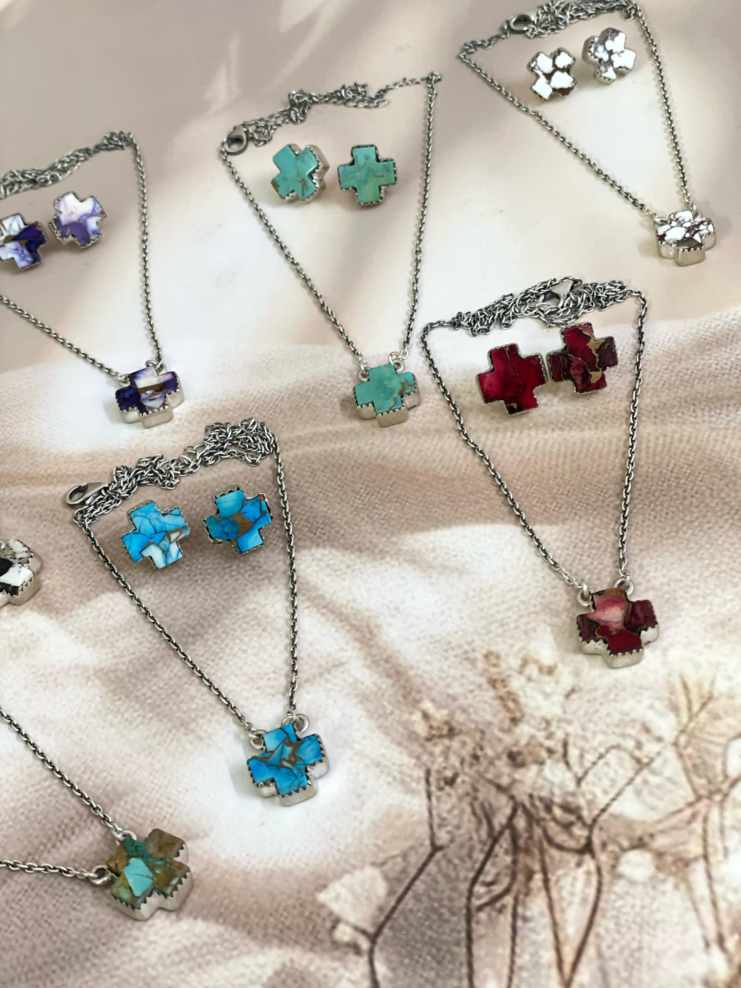 Handmade Sterling Silver Multi Stone Cross Necklace Post Earring Set with Signed Nizhoni