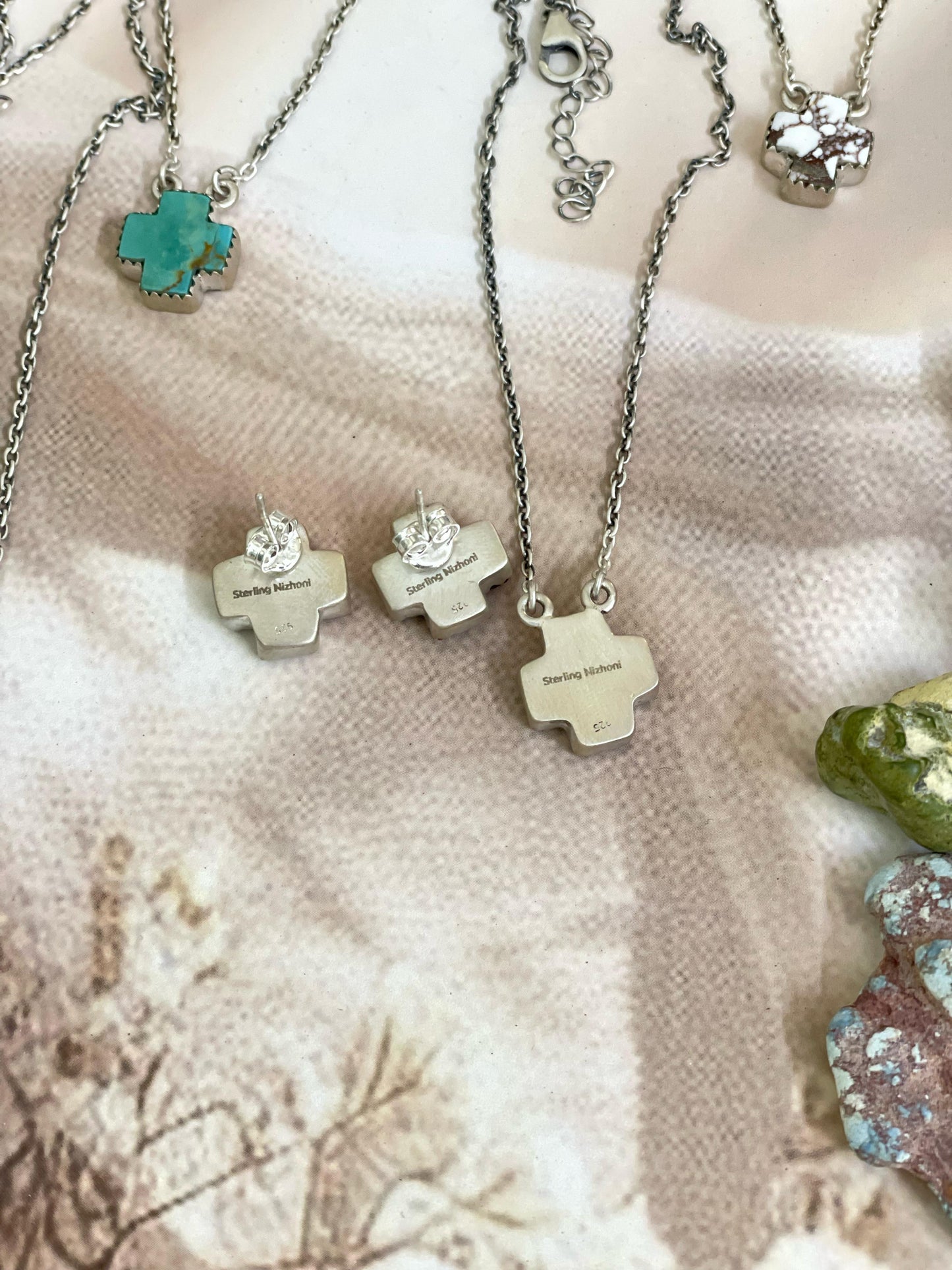 Handmade Sterling Silver Multi Stone Cross Necklace Post Earring Set with Signed Nizhoni