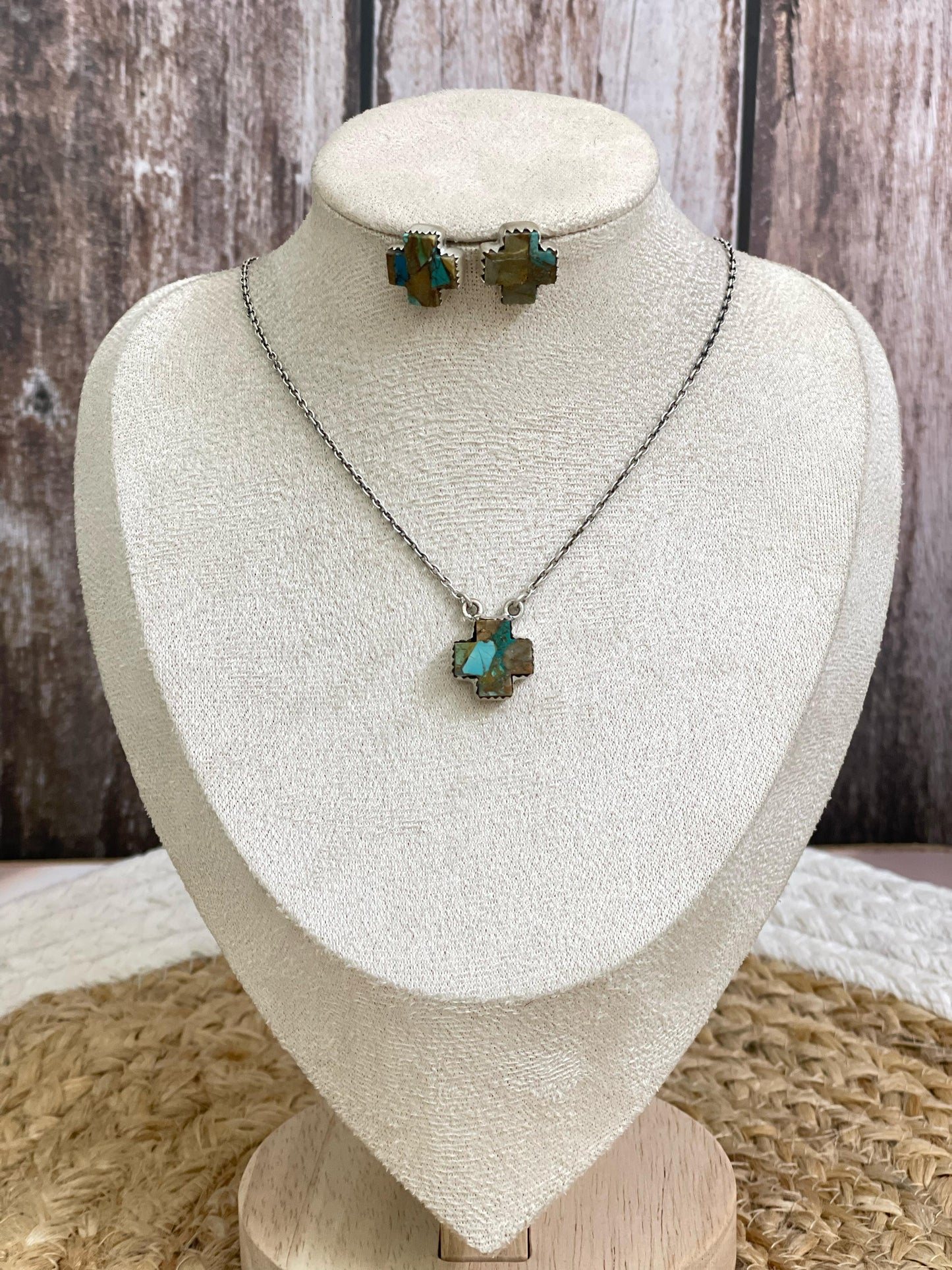 Handmade Sterling Silver Multi Stone Cross Necklace Post Earring Set with Signed Nizhoni