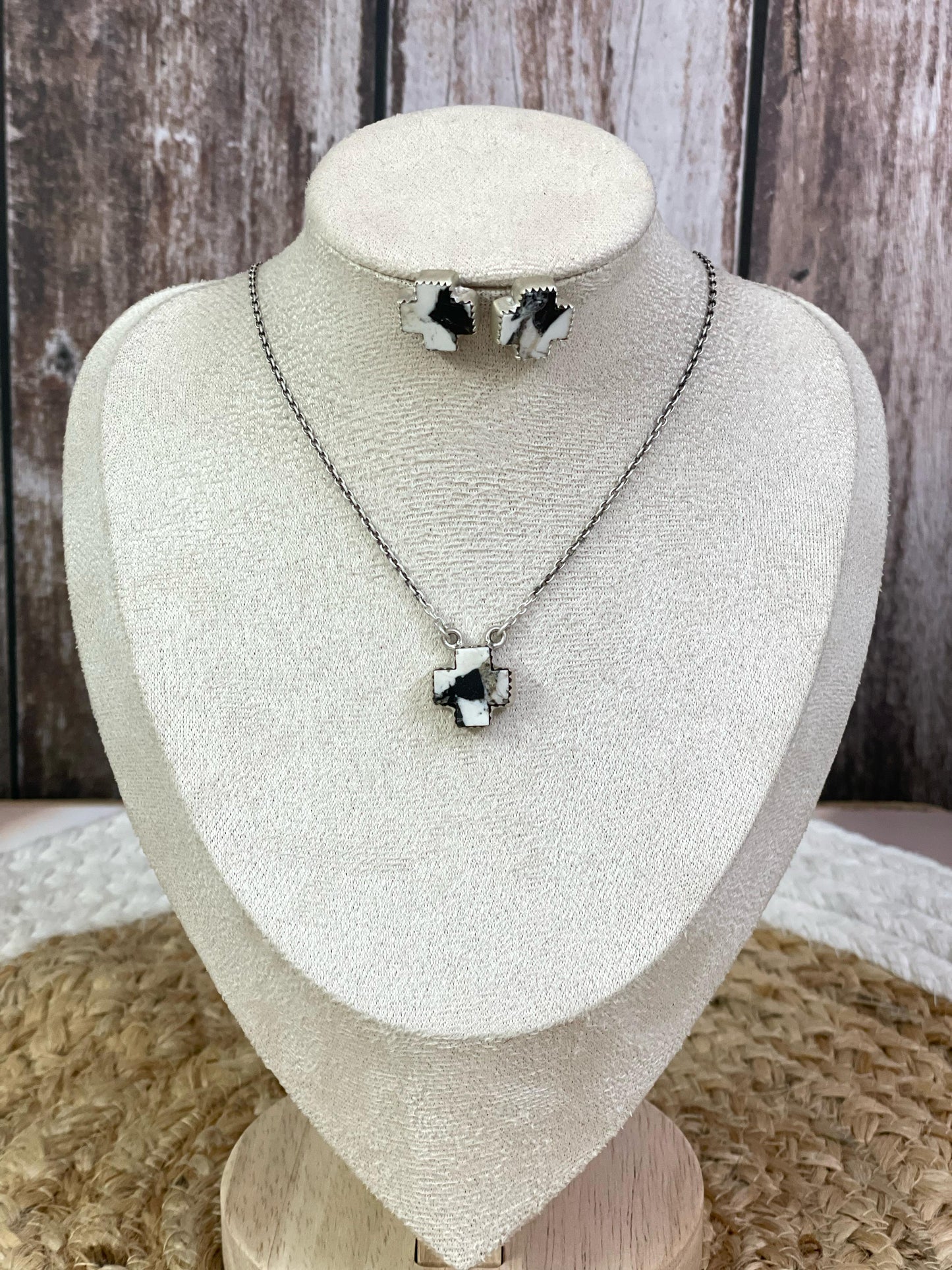 Handmade Sterling Silver Multi Stone Cross Necklace Post Earring Set with Signed Nizhoni