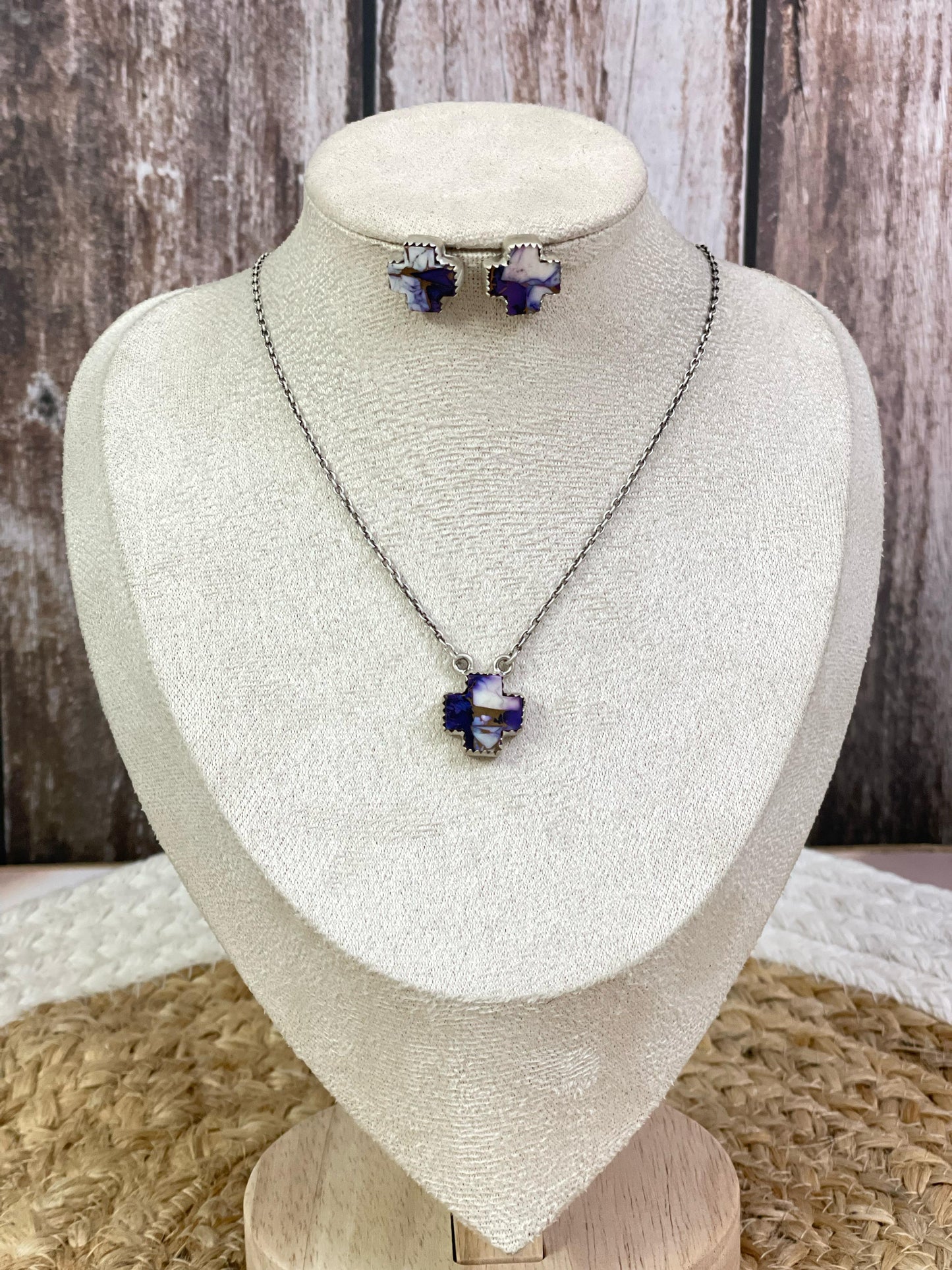Handmade Sterling Silver Multi Stone Cross Necklace Post Earring Set with Signed Nizhoni
