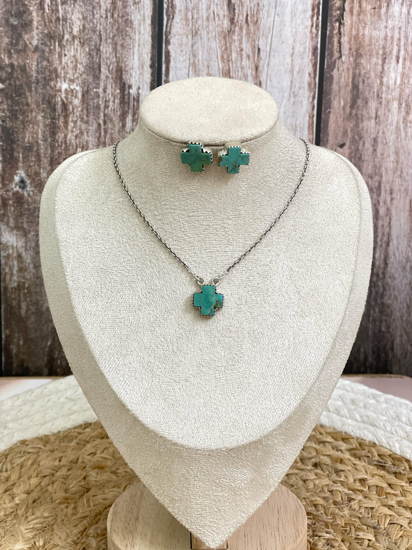 Handmade Sterling Silver Multi Stone Cross Necklace Post Earring Set with Signed Nizhoni