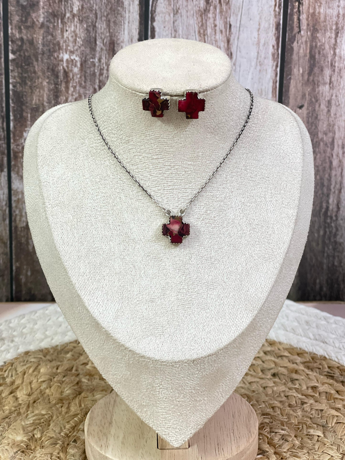 Handmade Sterling Silver Multi Stone Cross Necklace Post Earring Set with Signed Nizhoni