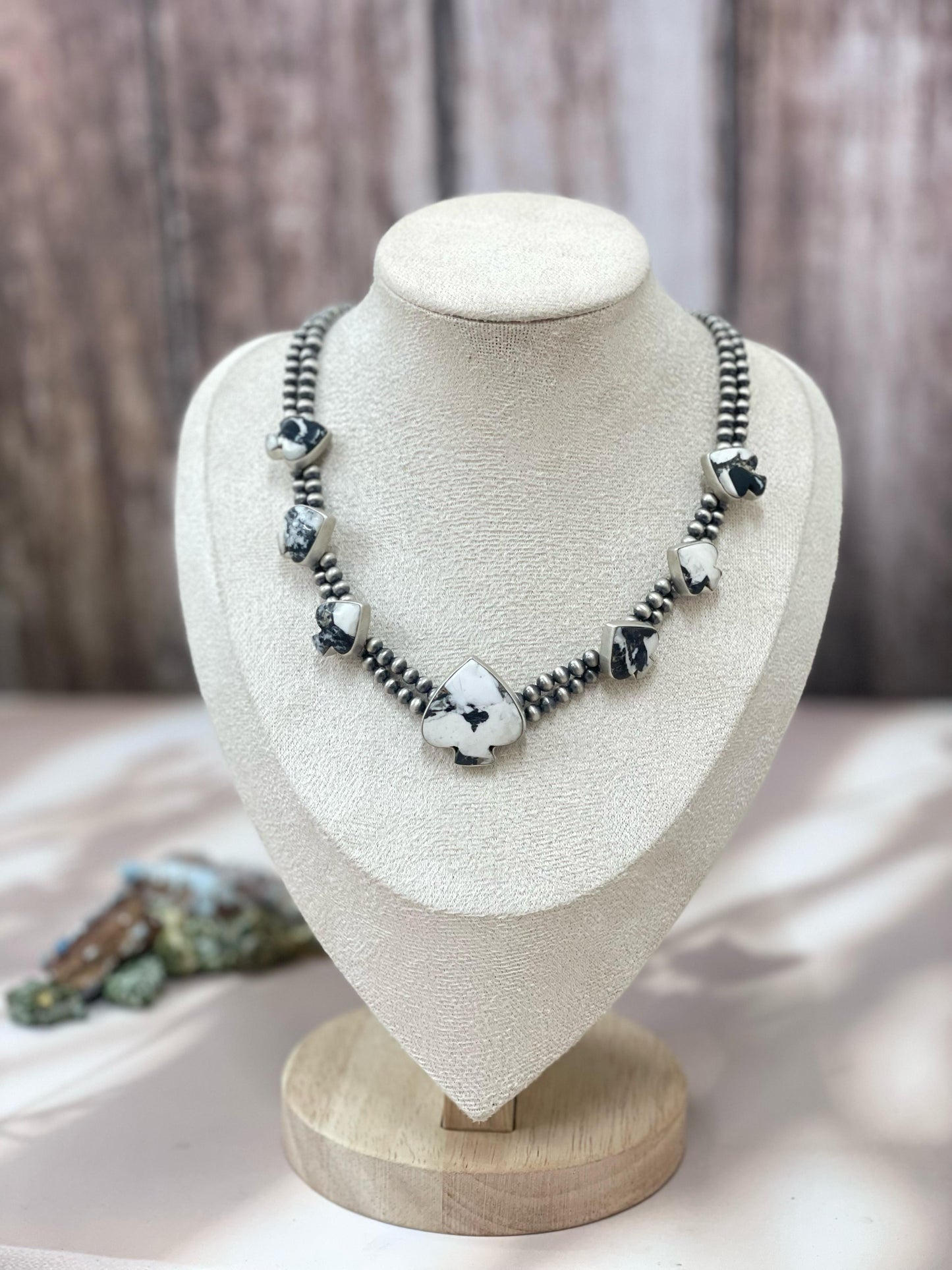 Handmade Sterling Silver White Buffalo Turquoise, Dahlia Rose Heart Necklace with Signed Nizhoni