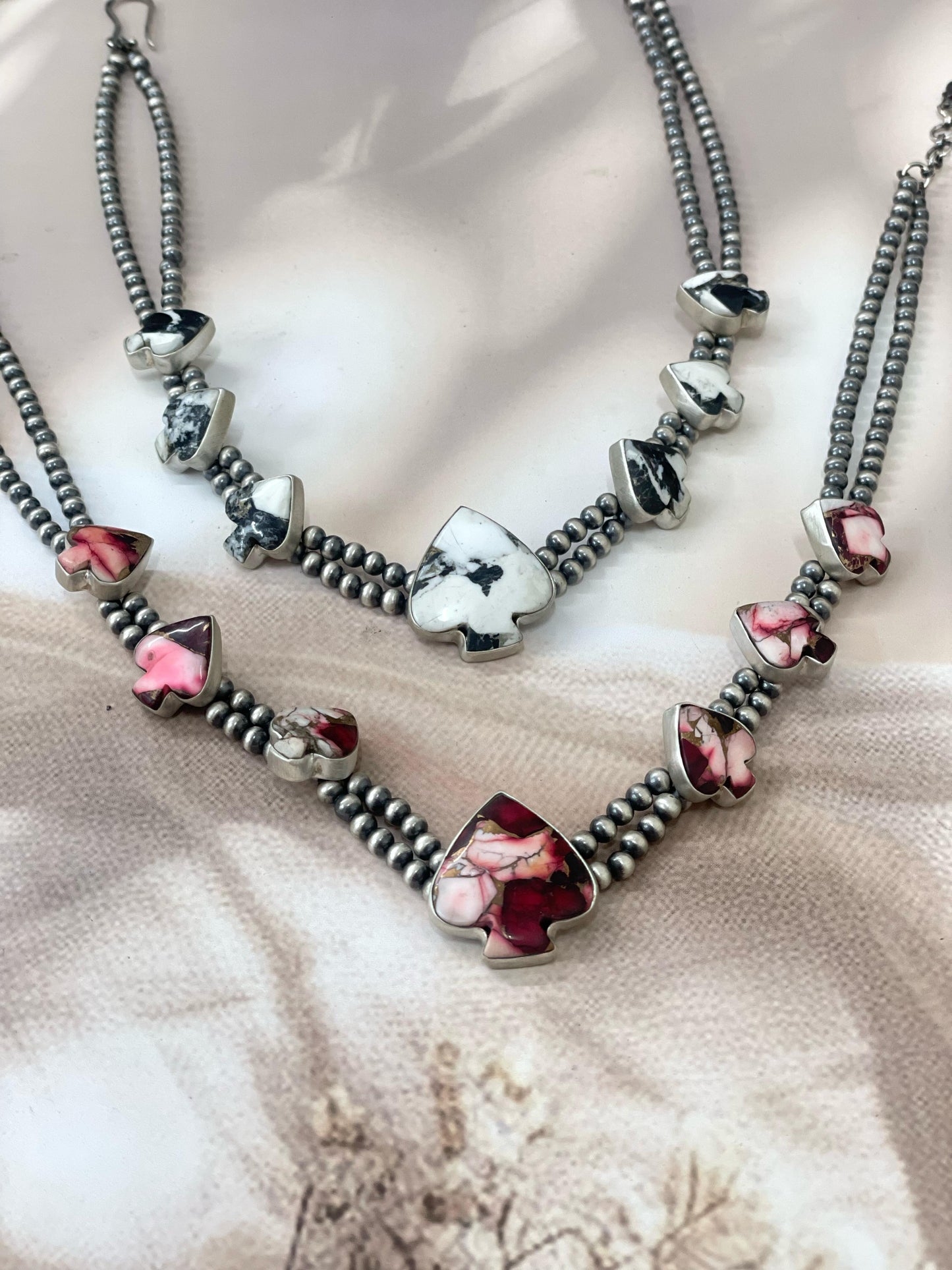 Handmade Sterling Silver White Buffalo Turquoise, Dahlia Rose Heart Necklace with Signed Nizhoni