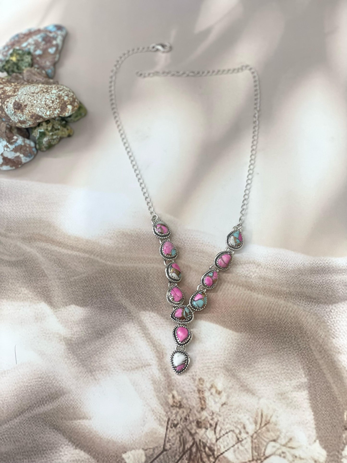 Handmade Sterling Silver Cotton Candy Turquoise Necklace with Signed Nizhoni