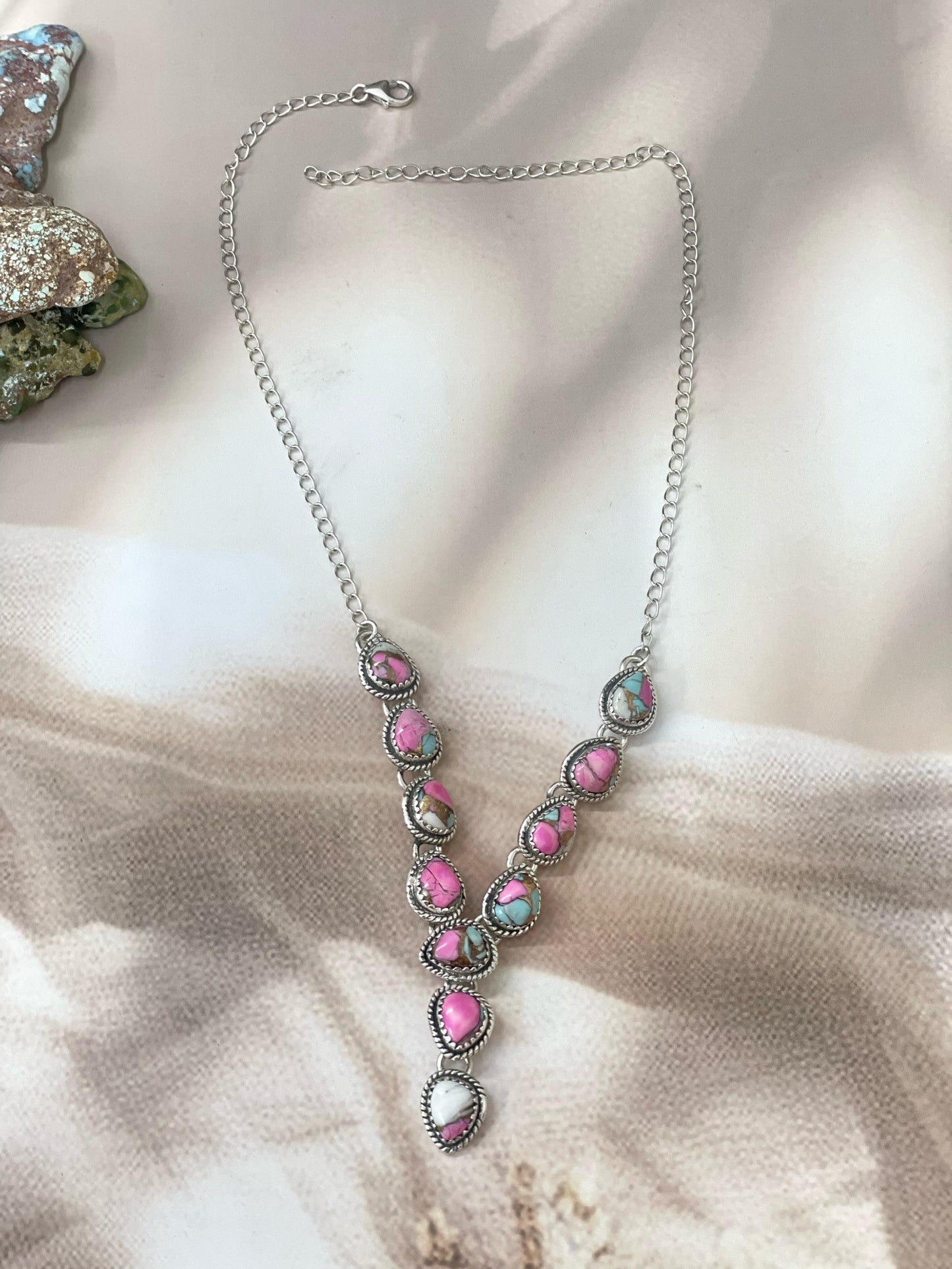 Handmade Sterling Silver Cotton Candy Turquoise Necklace with Signed Nizhoni