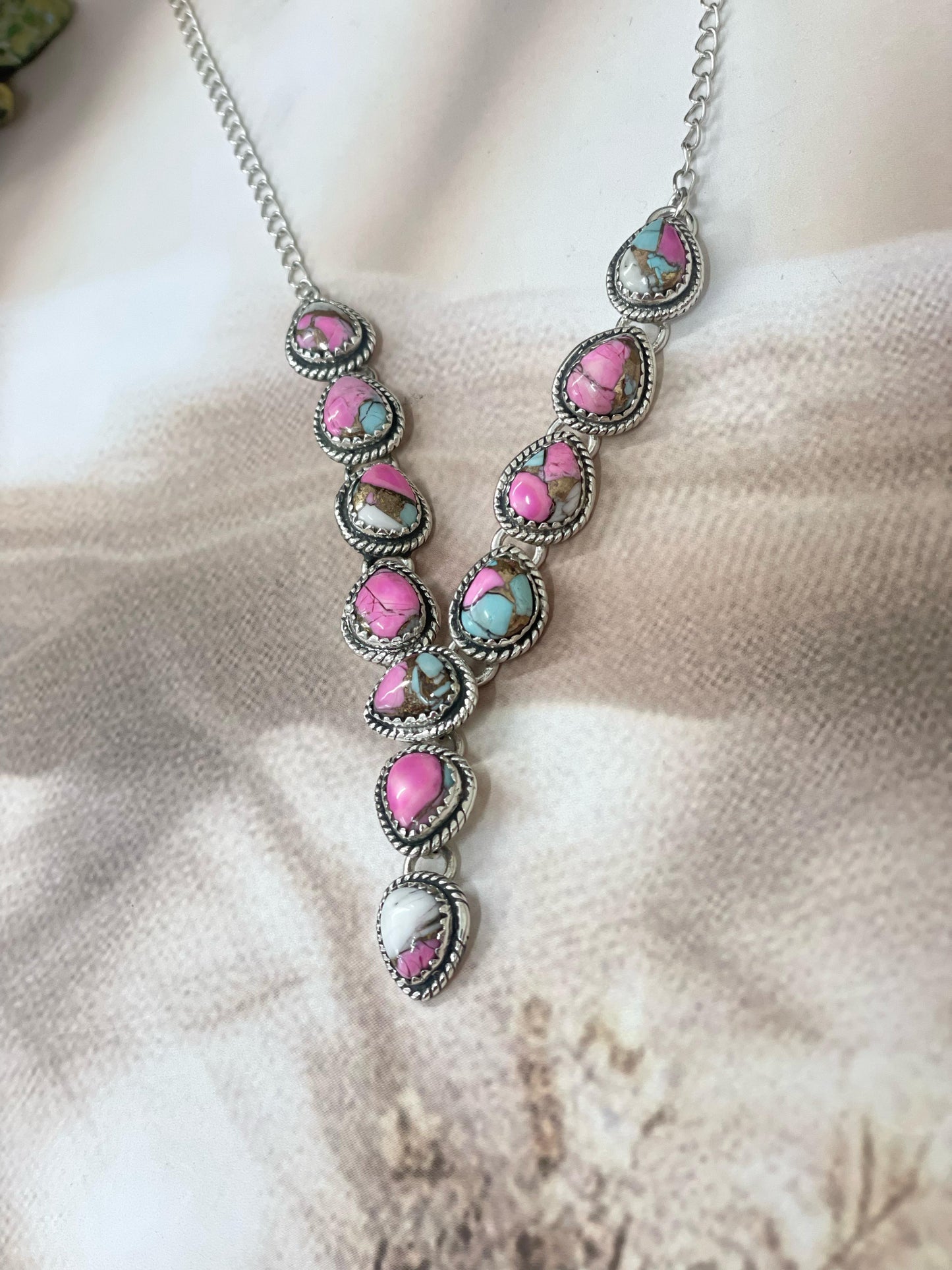 Handmade Sterling Silver Cotton Candy Turquoise Necklace with Signed Nizhoni