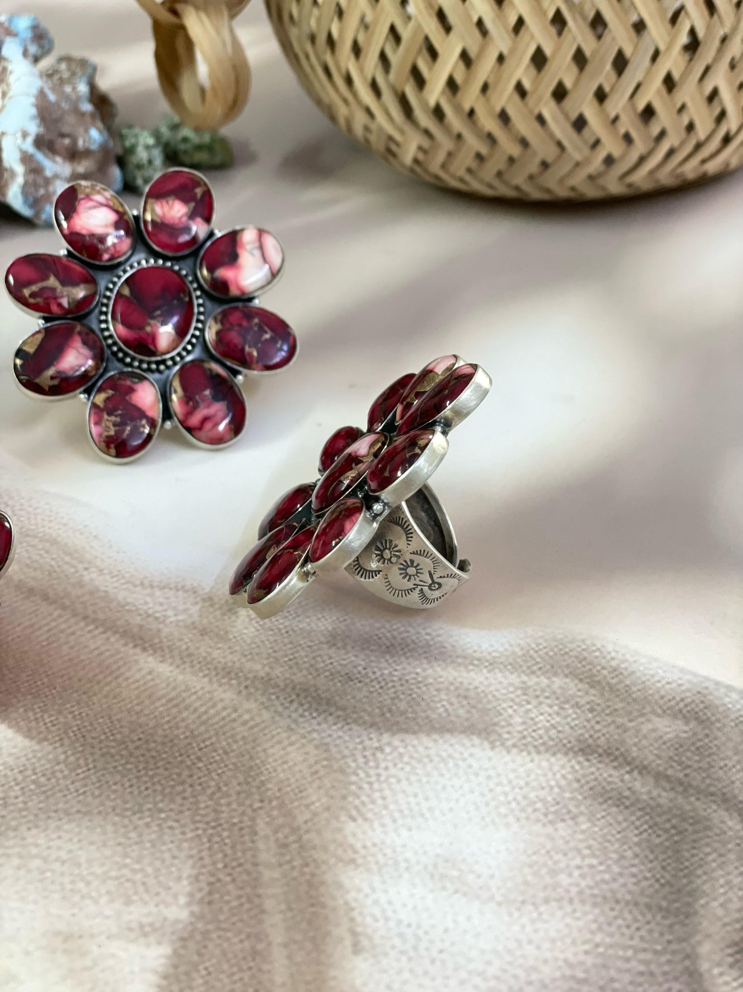 Handmade Sterling Silver Dahlia Rose Adjustable Ring with Signed Nizhoni