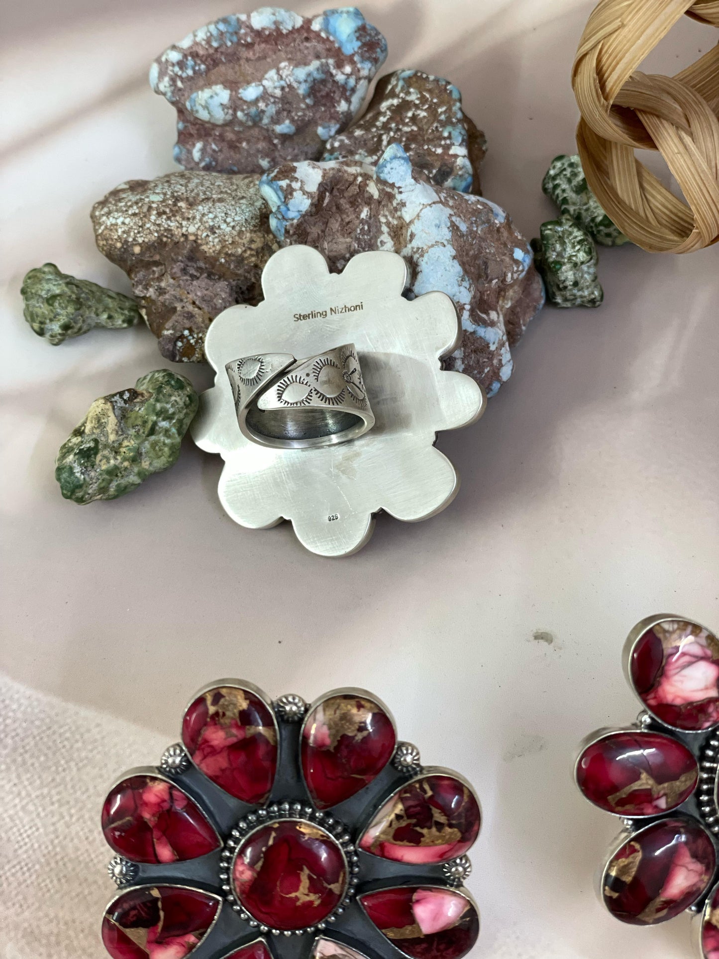 Handmade Sterling Silver Dahlia Rose Adjustable Ring with Signed Nizhoni