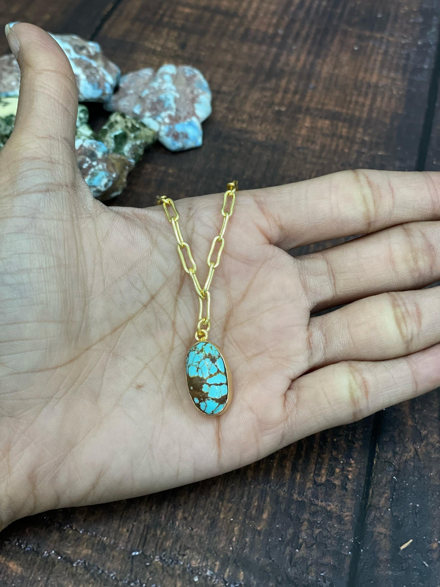 “The Golden Collection” Sand Creation Natural Number 8 Turquoise Gold Plated Necklace