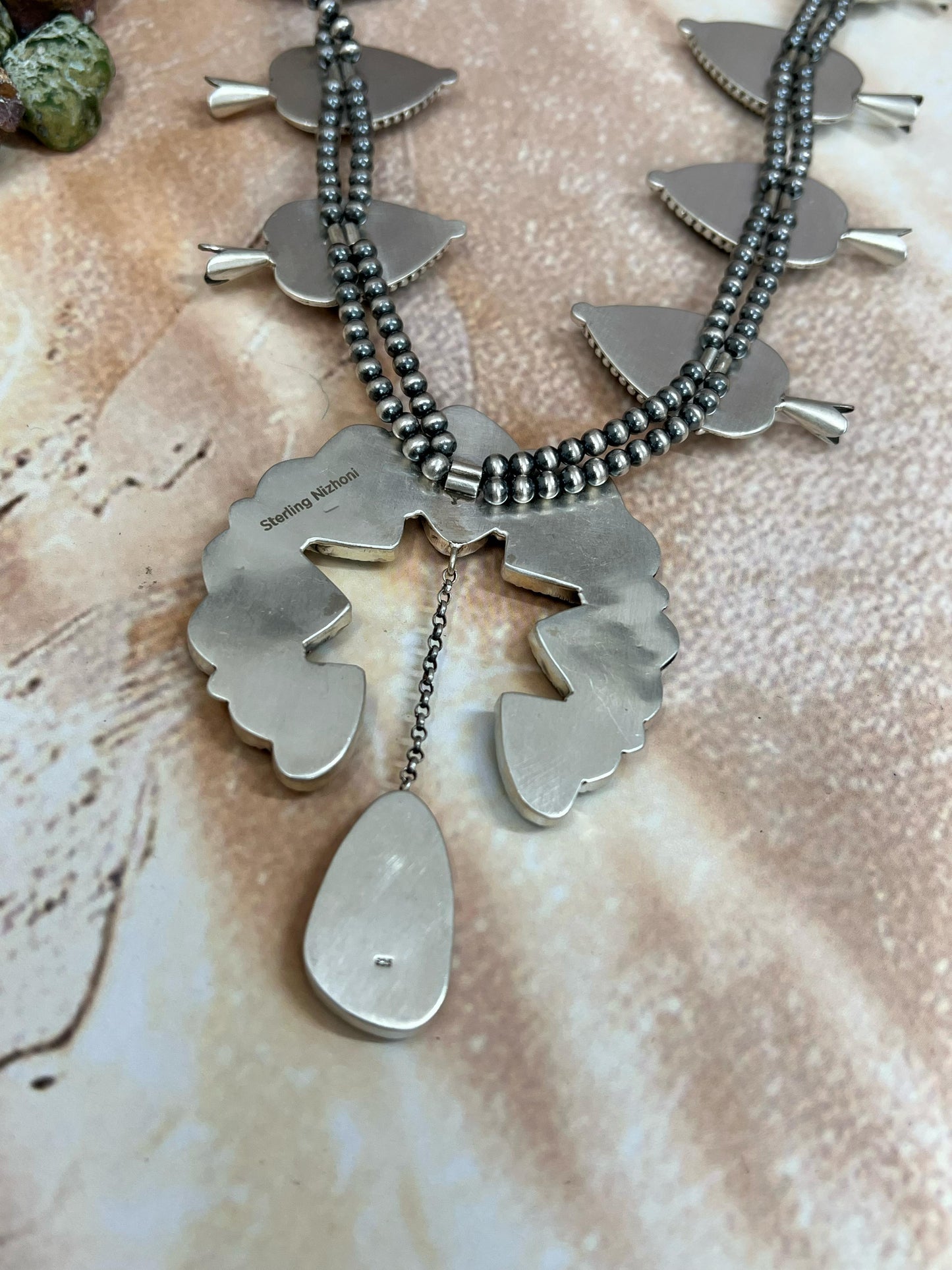 Handmade Sterling Silver Black Jack Squash Blossom Necklace with Signed Nizhoni