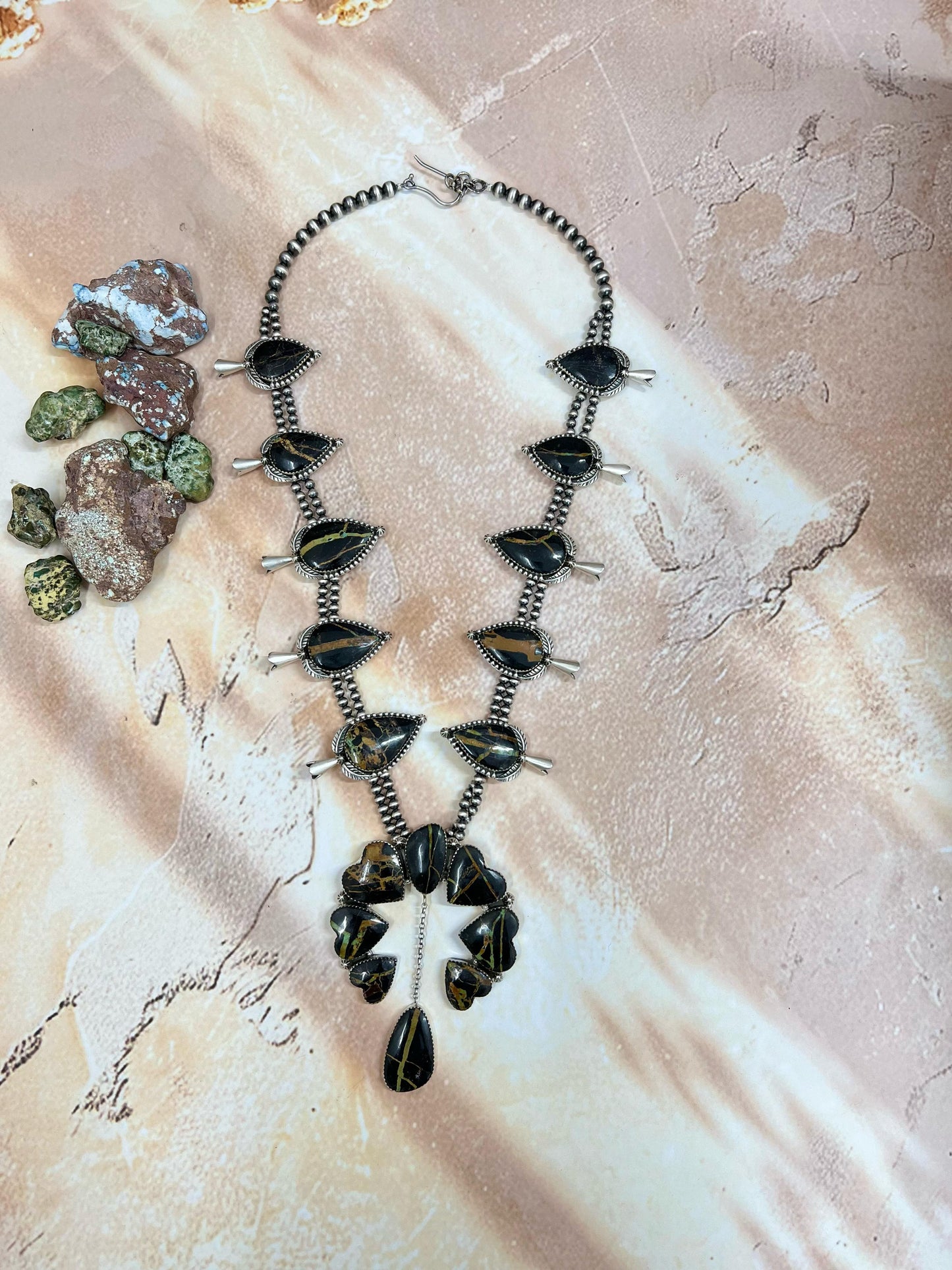 Handmade Sterling Silver Black Jack Squash Blossom Necklace with Signed Nizhoni