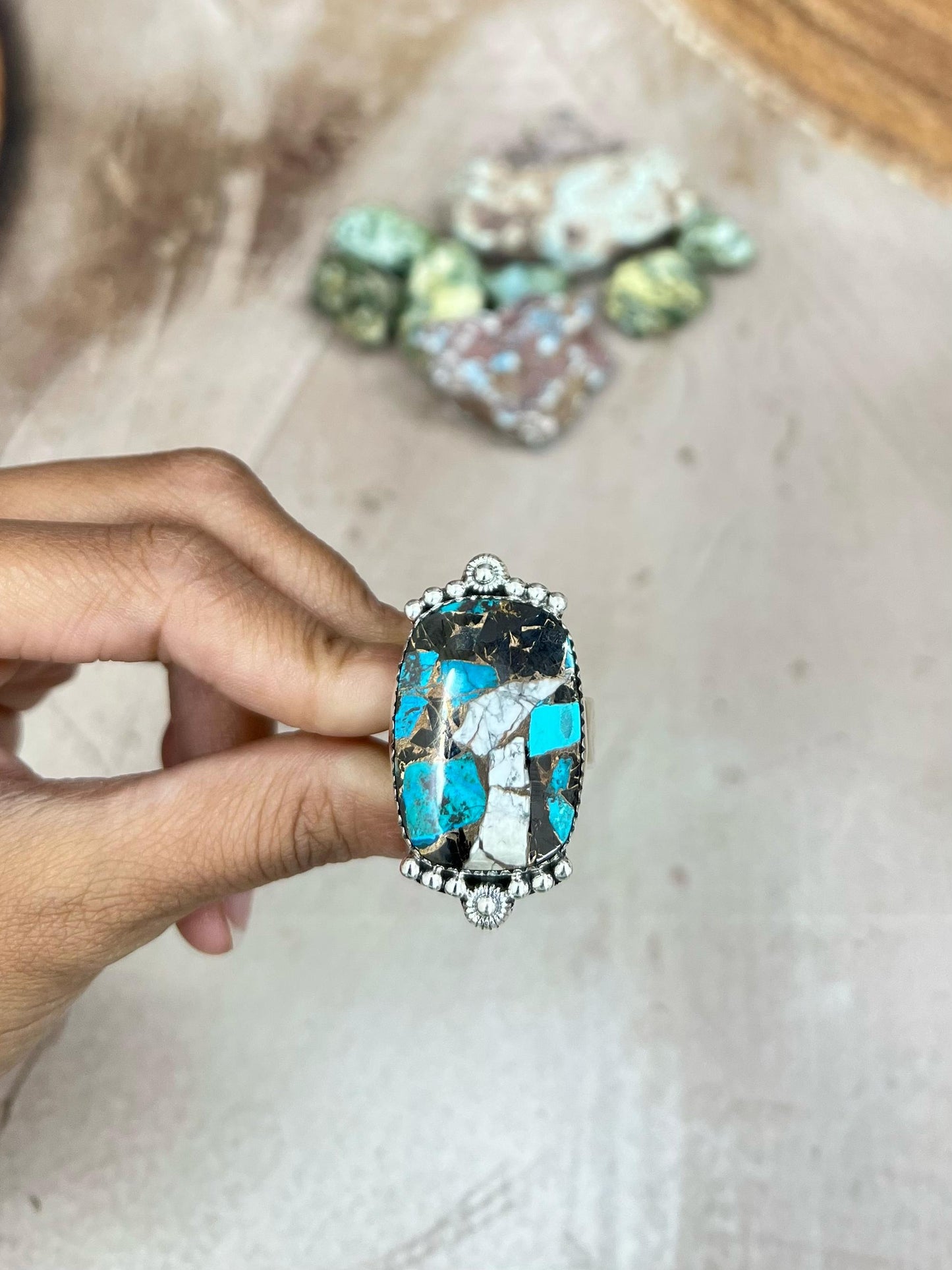 Handmade Sterling Silver Chrysocolla White Buffalo Turquoise Adjustable Ring With Signed Nizhoni
