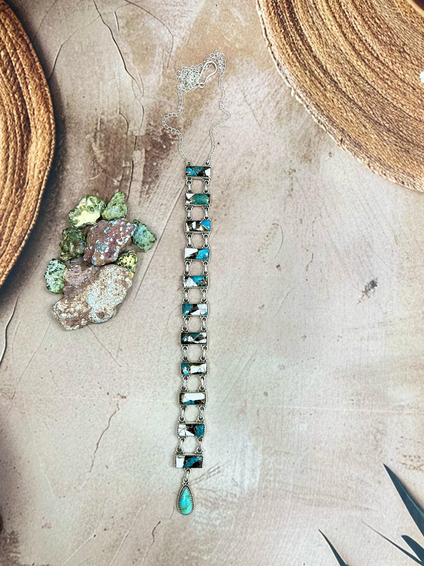 Handmade Sterling Silver Kingman with Chrysocolla White Buffalo Turquoise Necklace with Signed Nizhoni