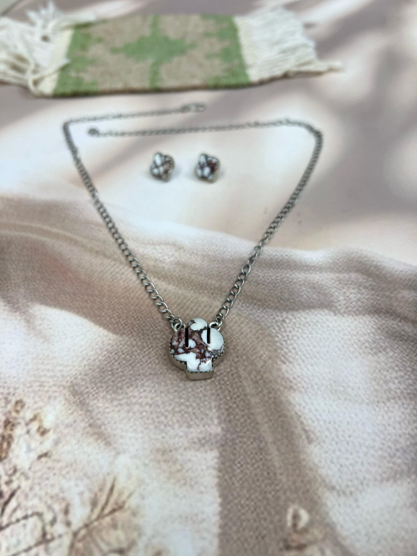 Handmade Sterling Silver Wild Horse Cactus Necklace Earrings Set with Signed Nizhoni