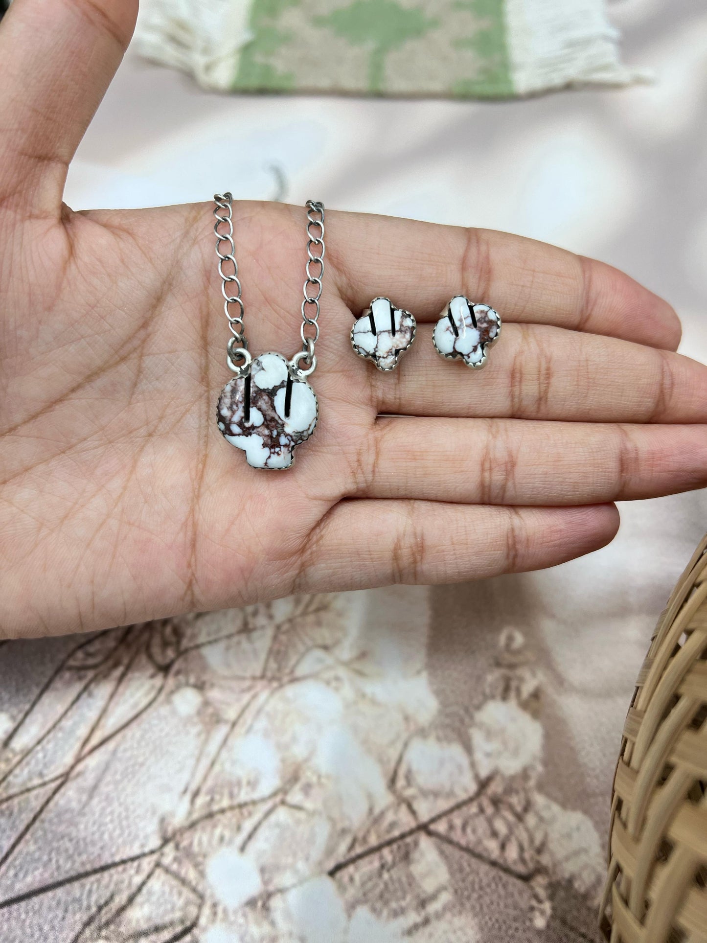 Handmade Sterling Silver Wild Horse Cactus Necklace Earrings Set with Signed Nizhoni