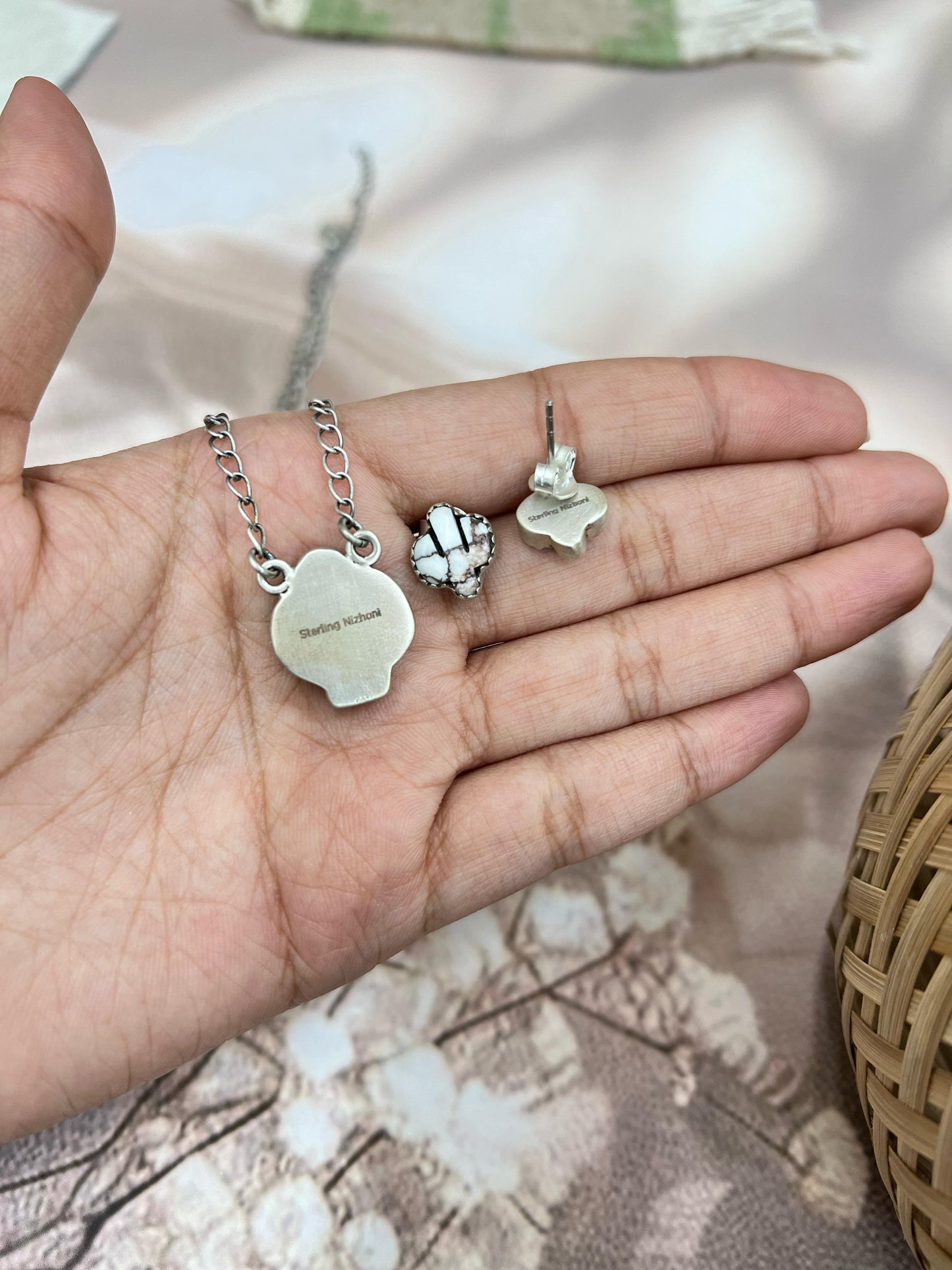 Handmade Sterling Silver Wild Horse Cactus Necklace Earrings Set with Signed Nizhoni