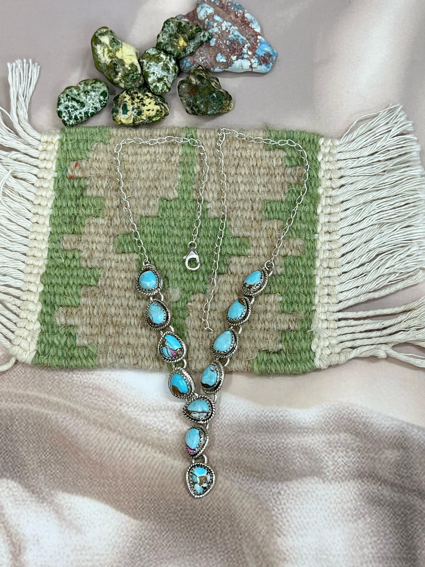 Handmade Sterling Silver Cotton Candy Turquoise Necklace with Signed Nizhoni
