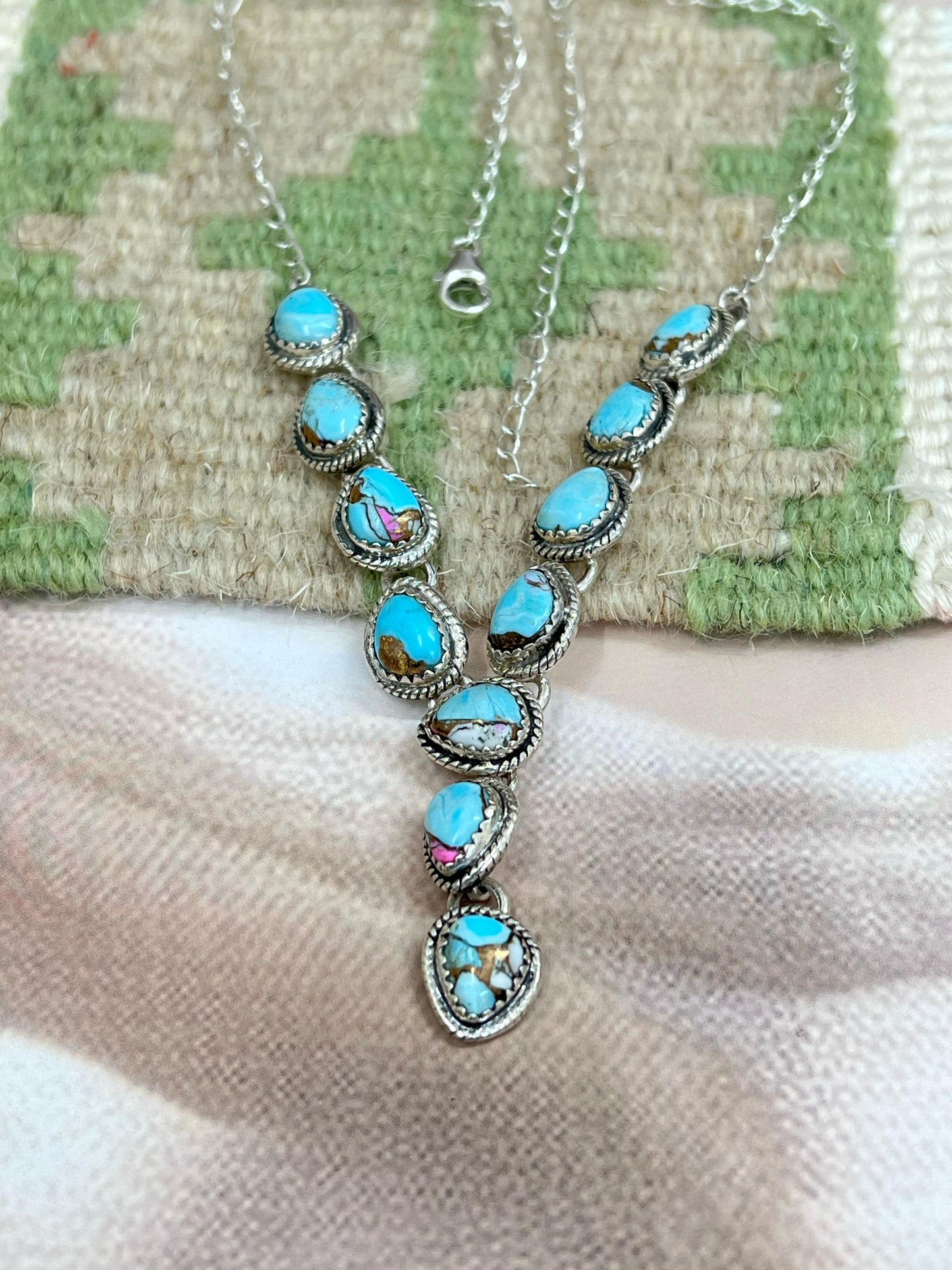 Handmade Sterling Silver Cotton Candy Turquoise Necklace with Signed Nizhoni