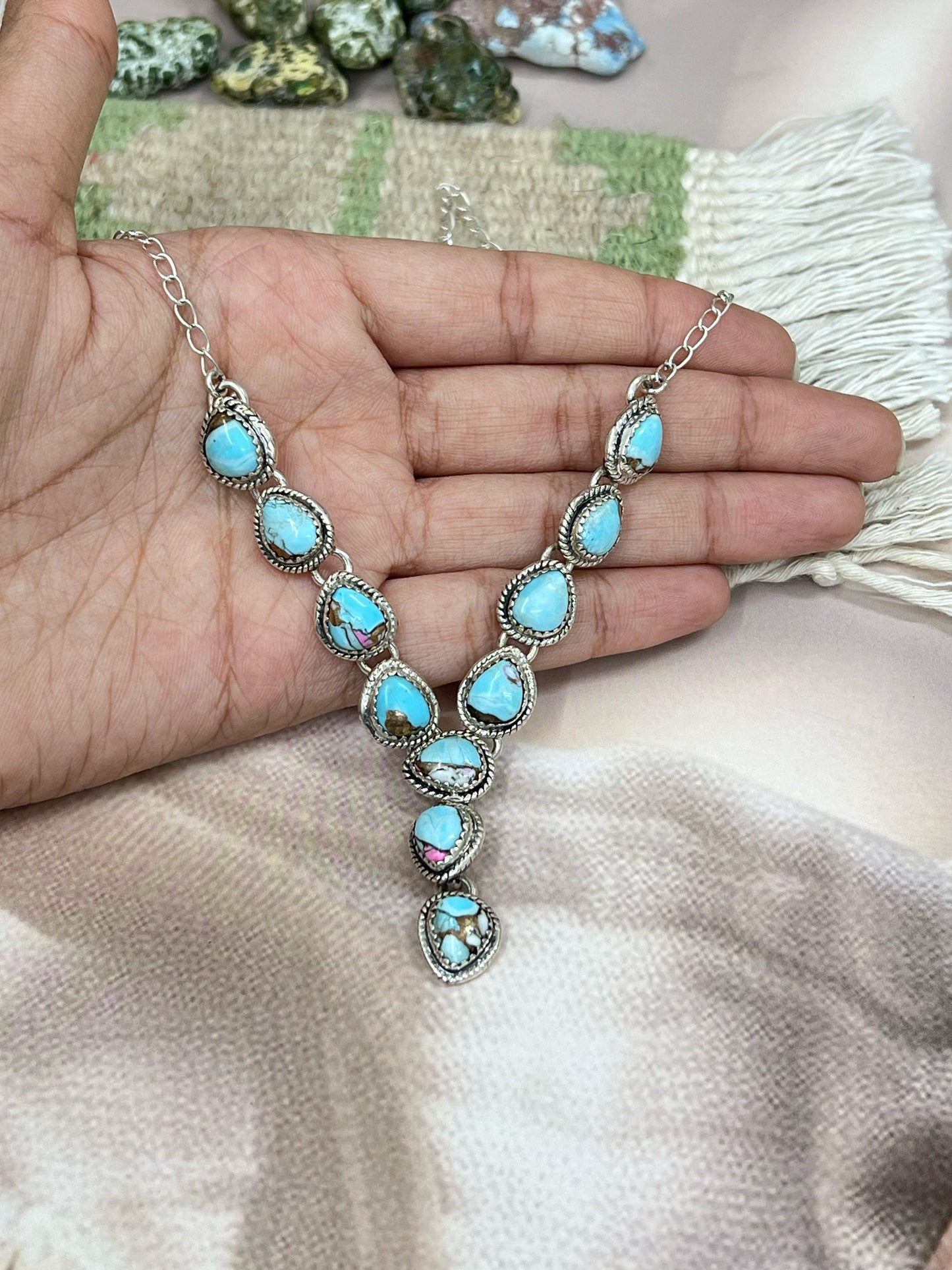 Handmade Sterling Silver Cotton Candy Turquoise Necklace with Signed Nizhoni