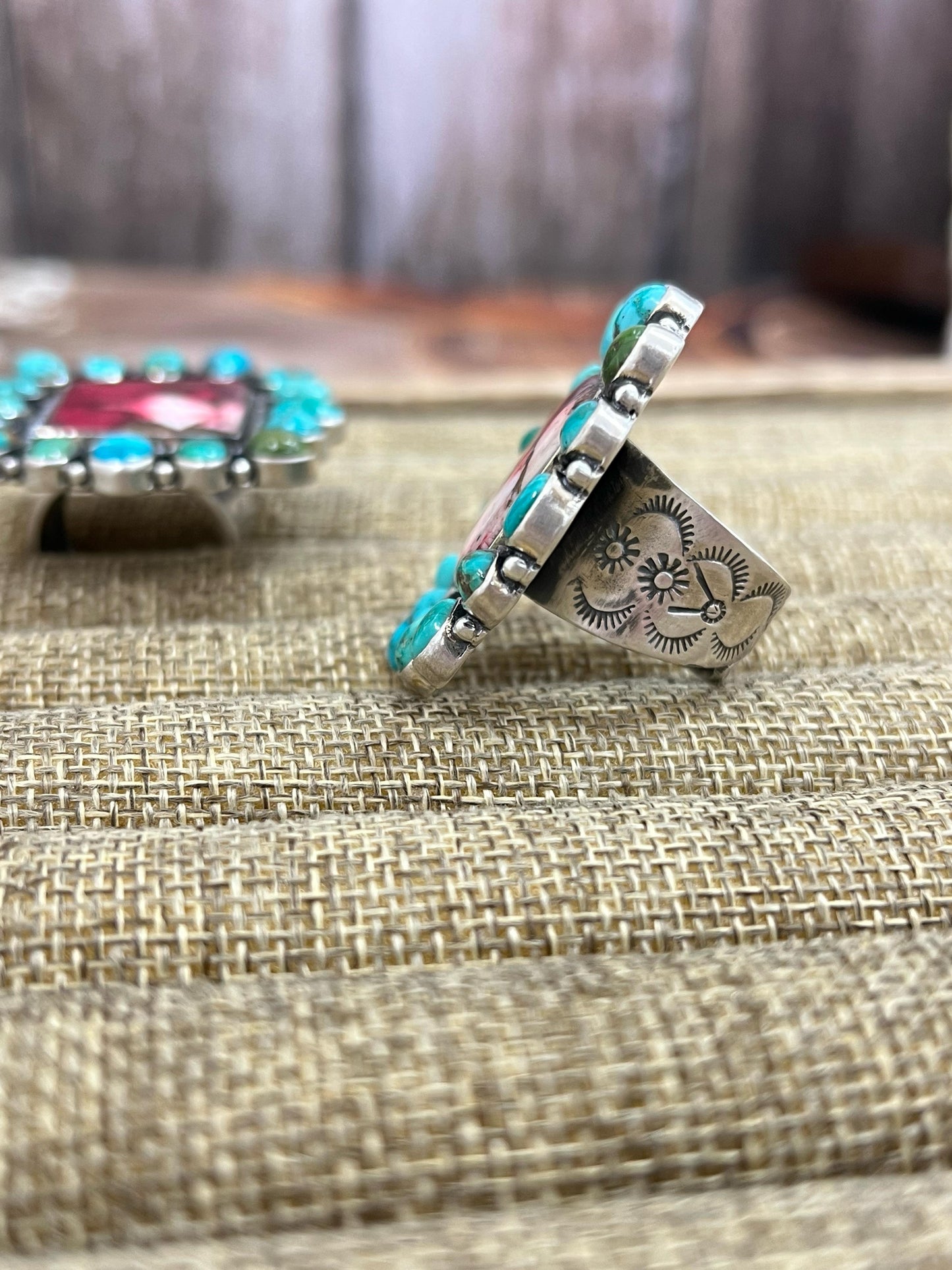 Handmade Sterling Silver Emerald Valley with Dahlia Rose Adjustable Ring, Signed Nizhoni