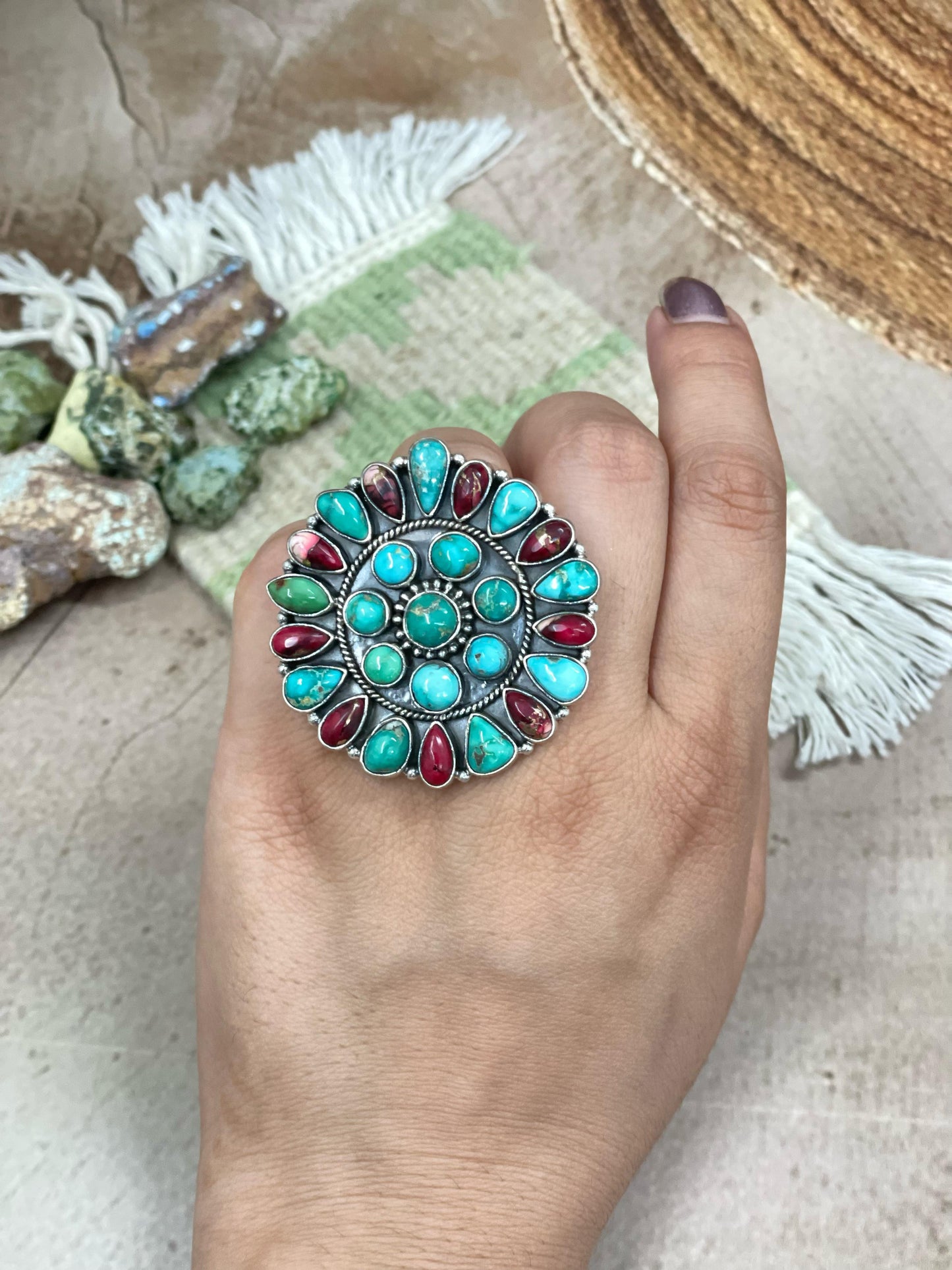 Handmade Sterling Silver Emerald Valley Turquoise with Dahlia Rose Adjustable Ring, Signed Nizhoni