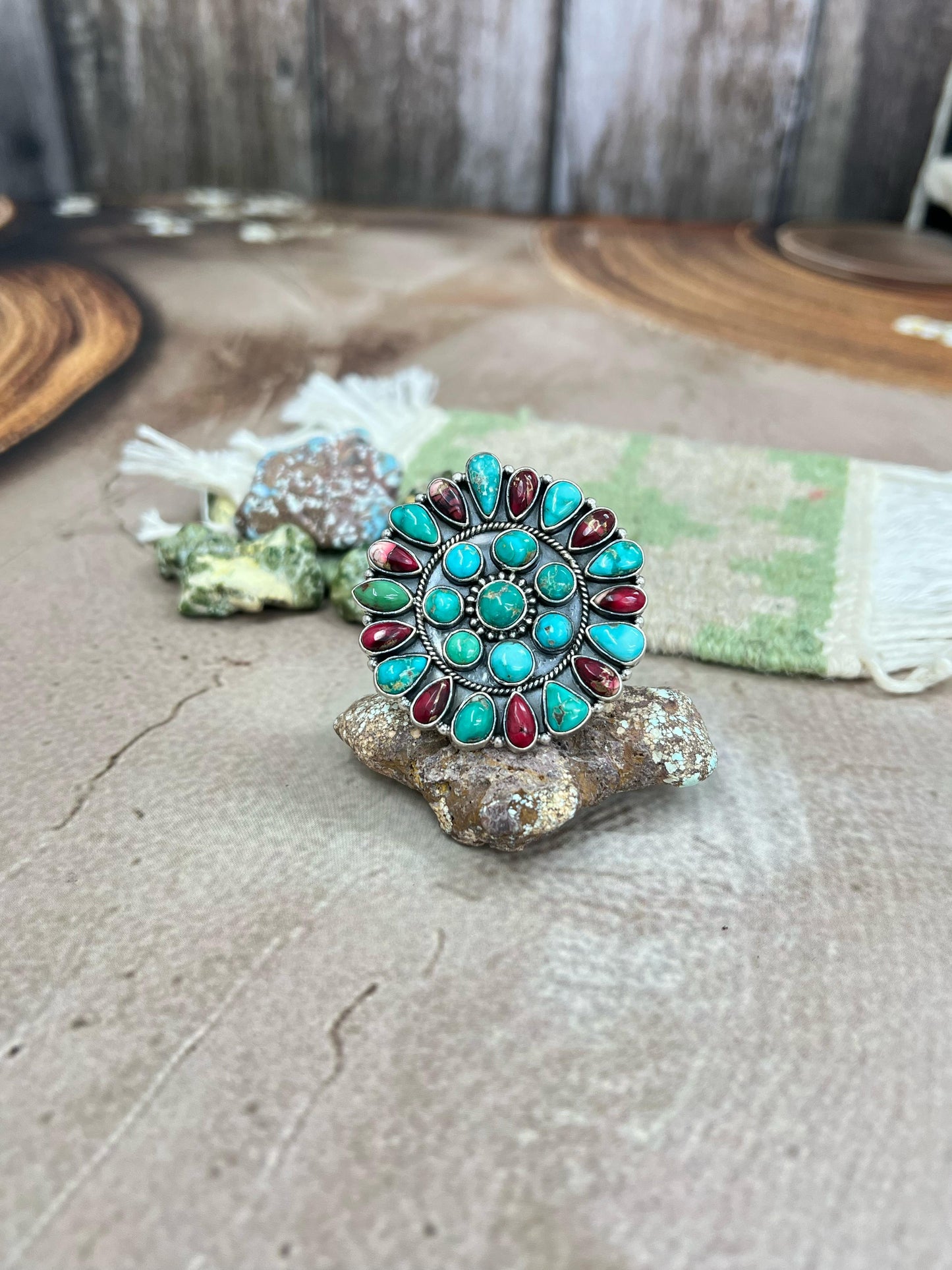 Handmade Sterling Silver Emerald Valley Turquoise with Dahlia Rose Adjustable Ring, Signed Nizhoni