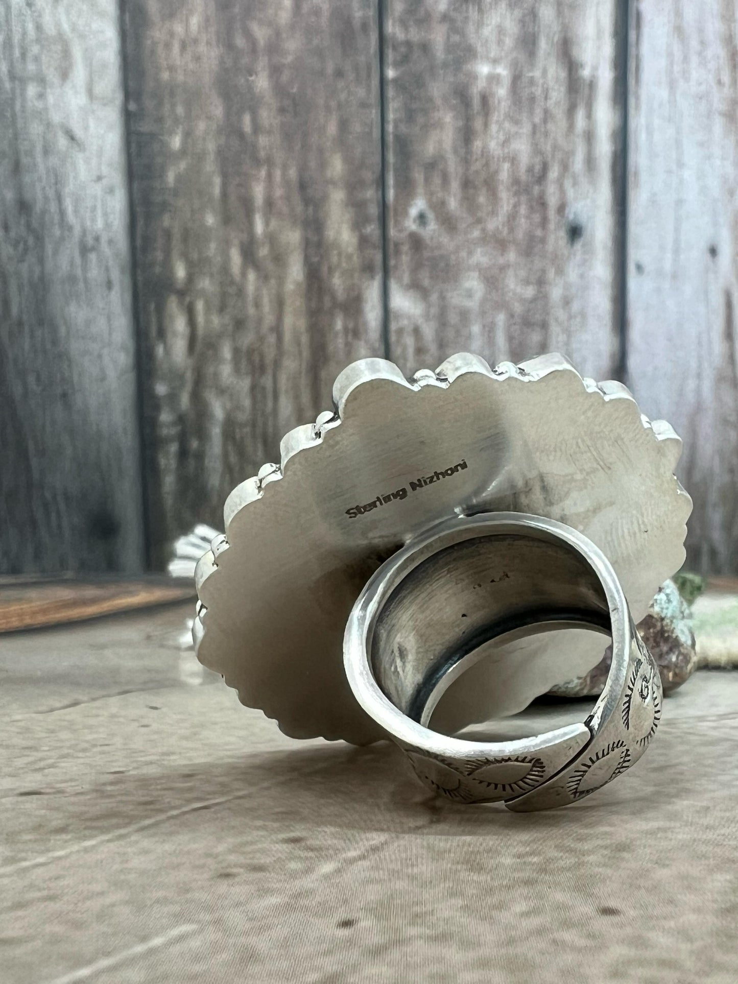 Handmade Sterling Silver Emerald Valley Turquoise with Dahlia Rose Adjustable Ring, Signed Nizhoni