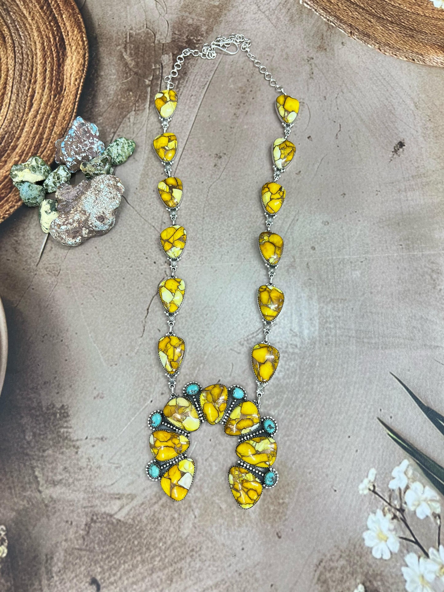 Handmade Sterling Silver Honey Dahlia with Kingman Turquoise Squash Blossom Necklace, Signed Nizhoni