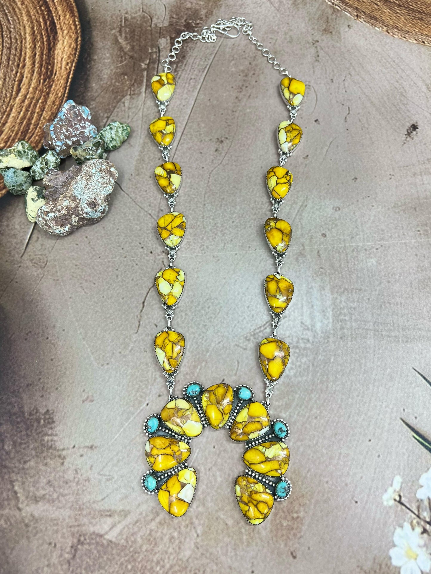 Handmade Sterling Silver Honey Dahlia with Kingman Turquoise Squash Blossom Necklace, Signed Nizhoni