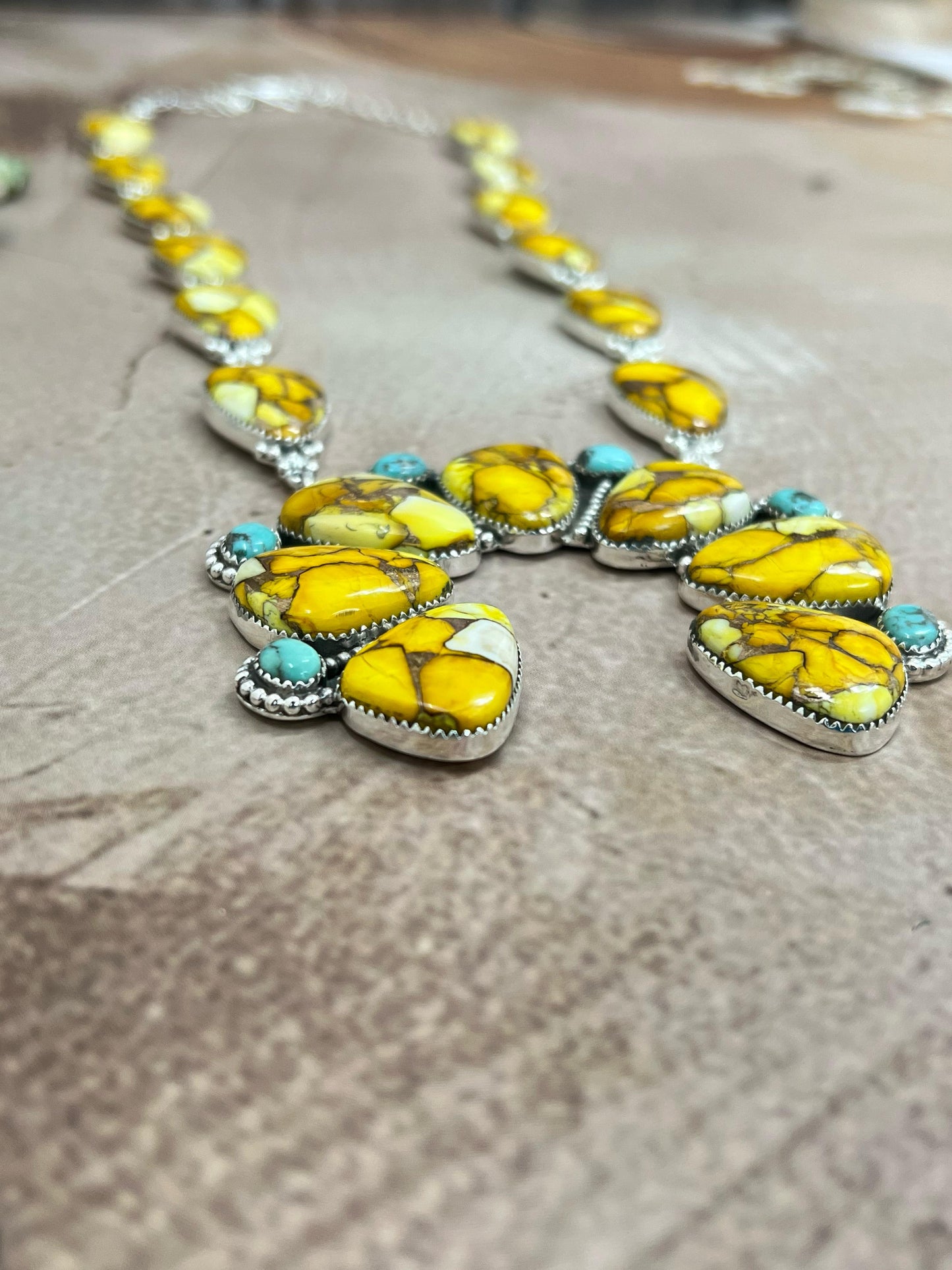 Handmade Sterling Silver Honey Dahlia with Kingman Turquoise Squash Blossom Necklace, Signed Nizhoni