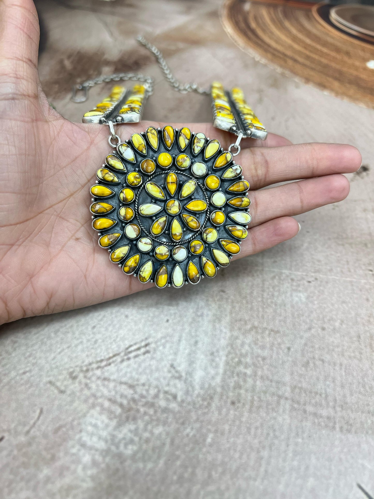 Handmade Sterling Silver Honey Dahlia Necklace with Signed Nizhoni